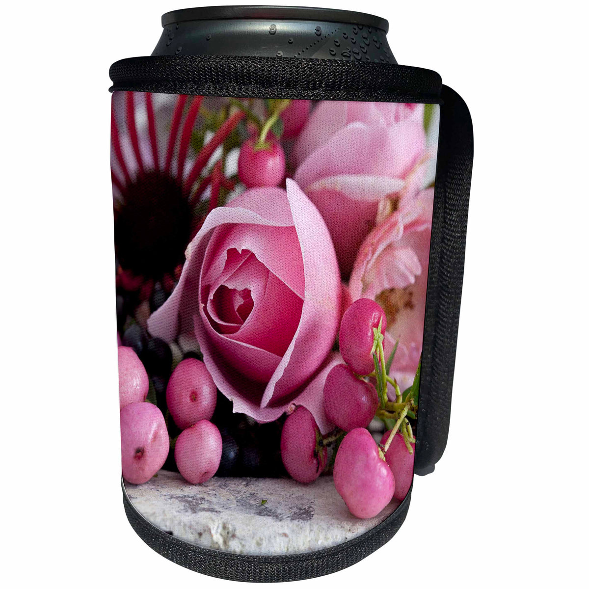 3dRose Andrea Haase Nature Photography - Romantic Rose Still Life With Pink Berries Photography - Can Cooler Bottle Wrap (cc_268200)