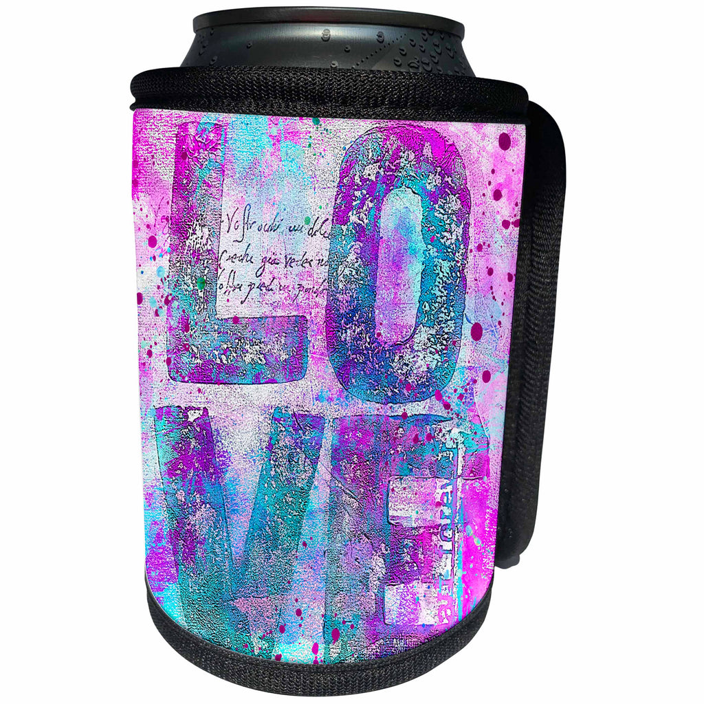 3dRose Andrea Haase Illustration Love - Word Love Mixed Media Art Painting In Turquoise And Pink - Can Cooler Bottle Wrap (cc_268209)