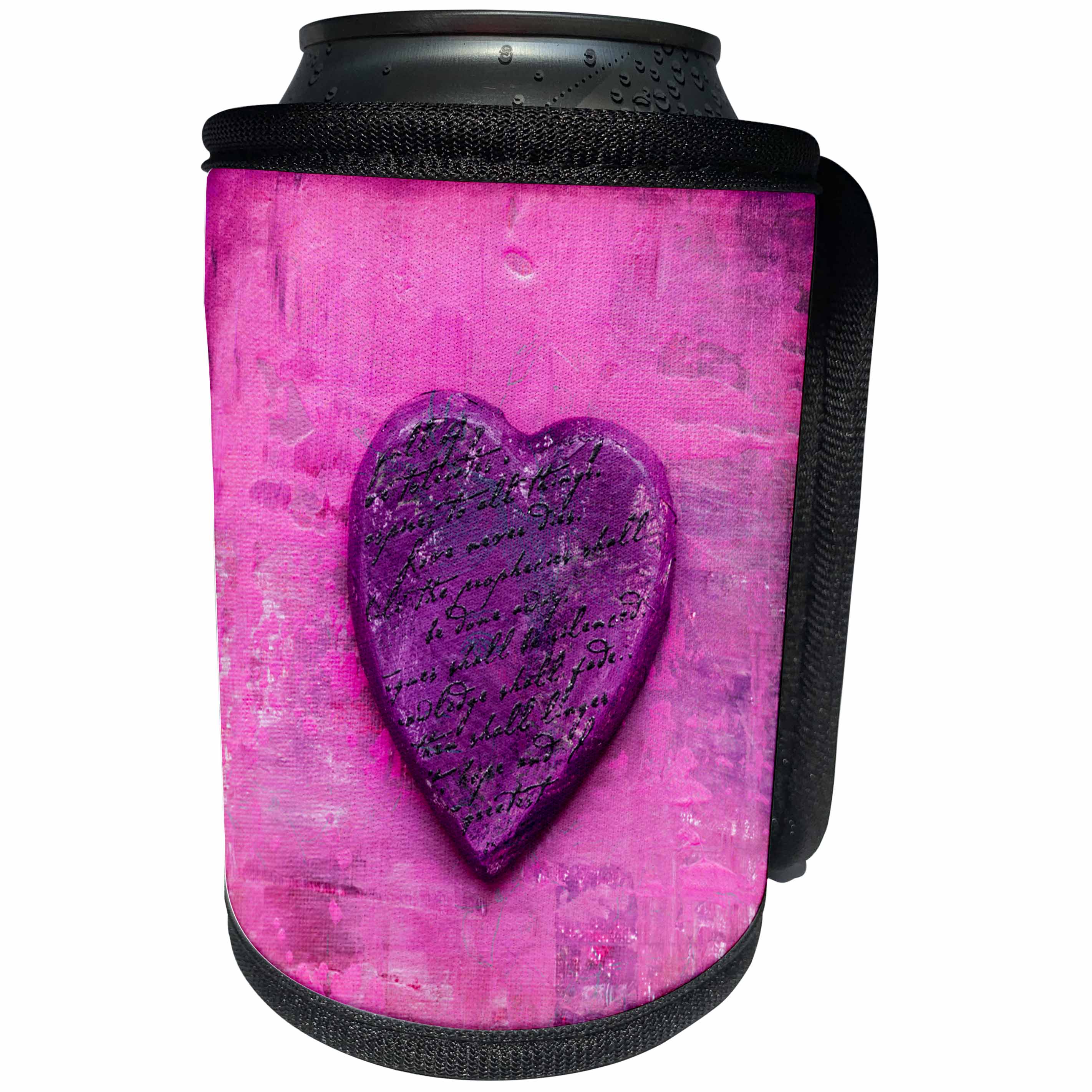 3dRose Andrea Haase Illustration Love - Purple Heart With Handwriting On Pink Painted Background - Can Cooler Bottle Wrap (cc_268217)