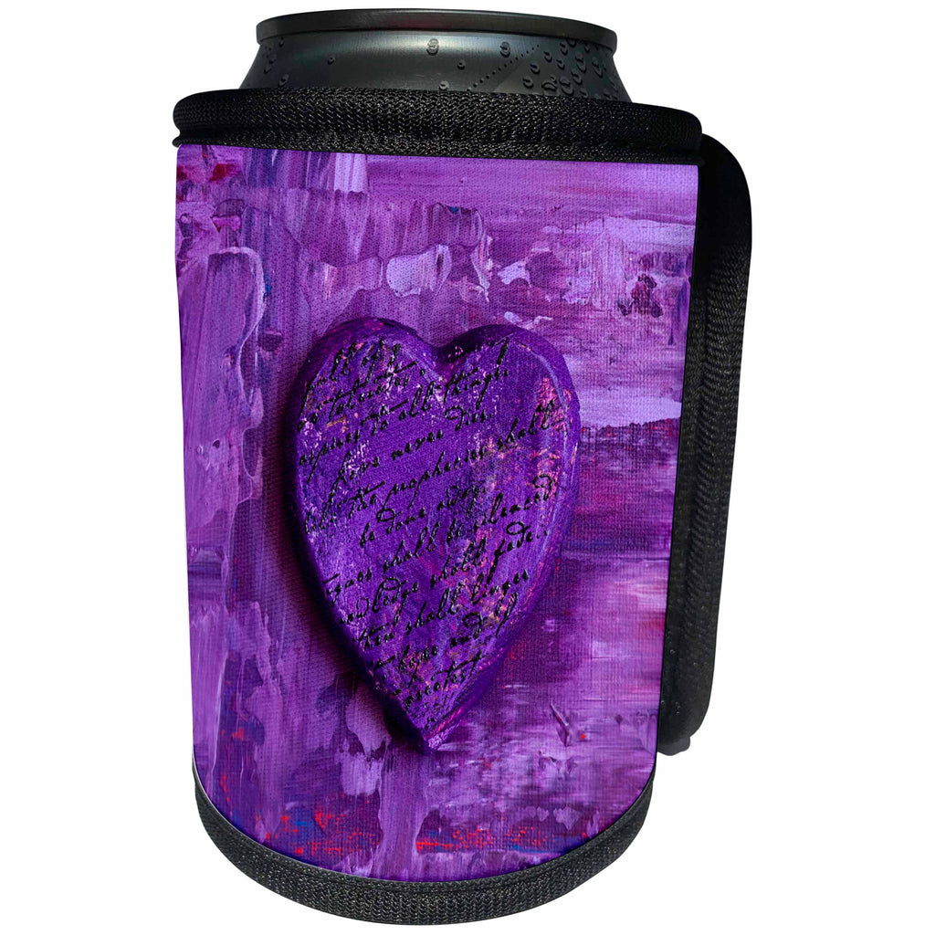 3dRose Andrea Haase Illustration Love - Purple Heart With Handwriting On Painted Background - Can Cooler Bottle Wrap (cc_268228)