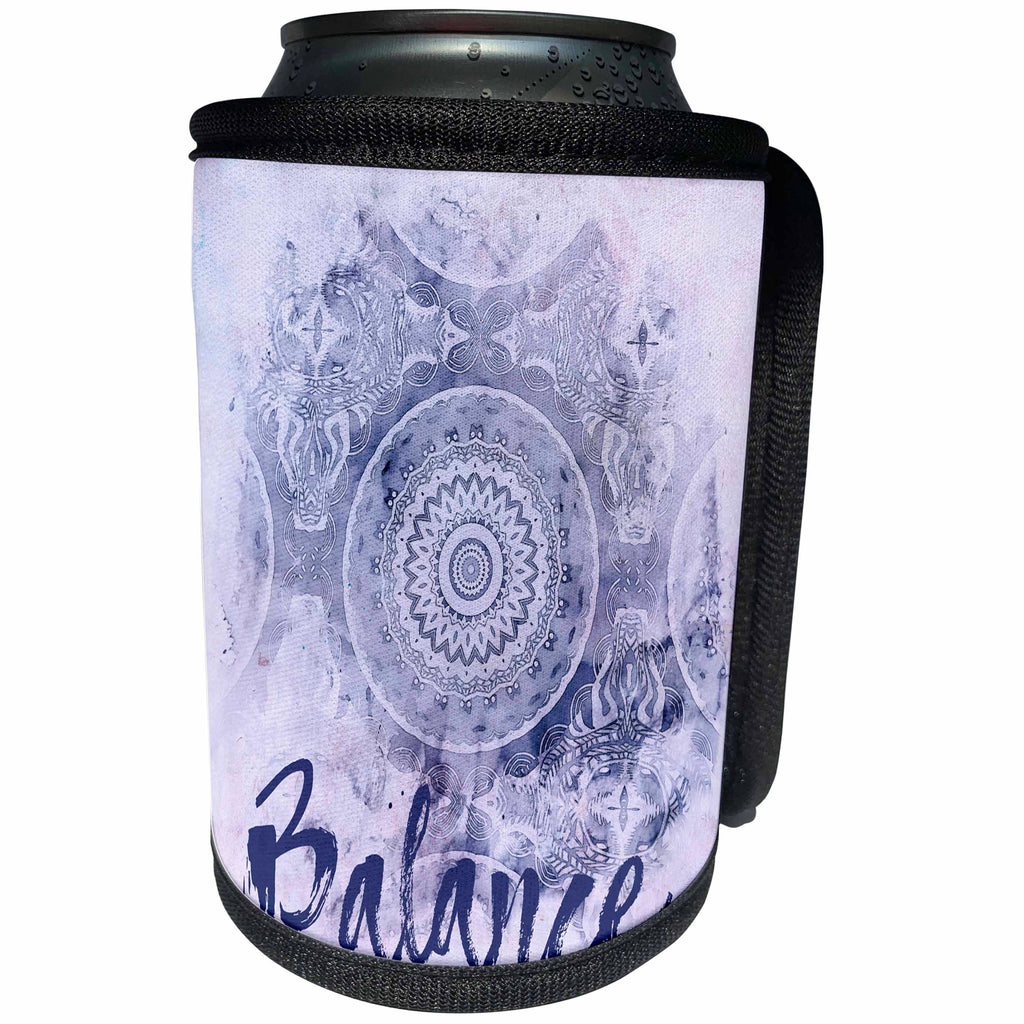 3dRose Andrea Haase Art Illustration - Blue Watercolor Mandala Illustration With Word Balance - Can Cooler Bottle Wrap (cc_268236)