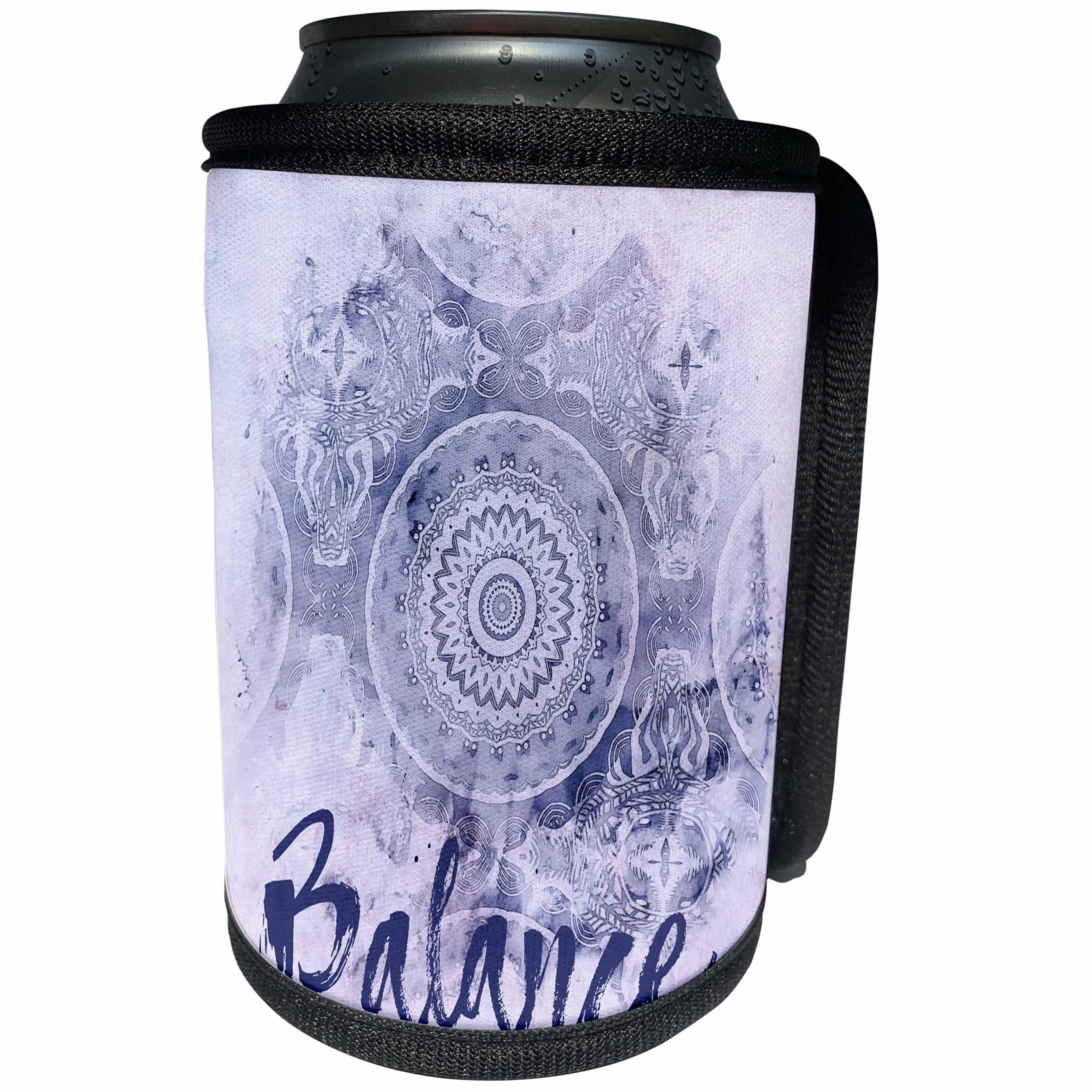 3dRose Andrea Haase Art Illustration - Blue Watercolor Mandala Illustration With Word Balance - Can Cooler Bottle Wrap (cc_268236)