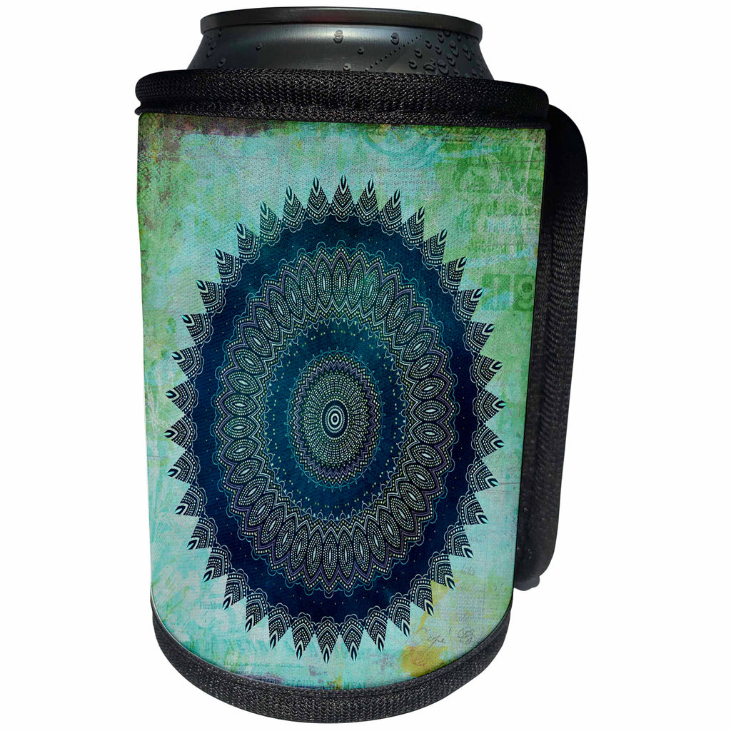 3dRose Andrea Haase Art Illustration - Blue Mandala Illustration On Turquoise Background - Can Cooler Bottle Wrap (cc_268239)