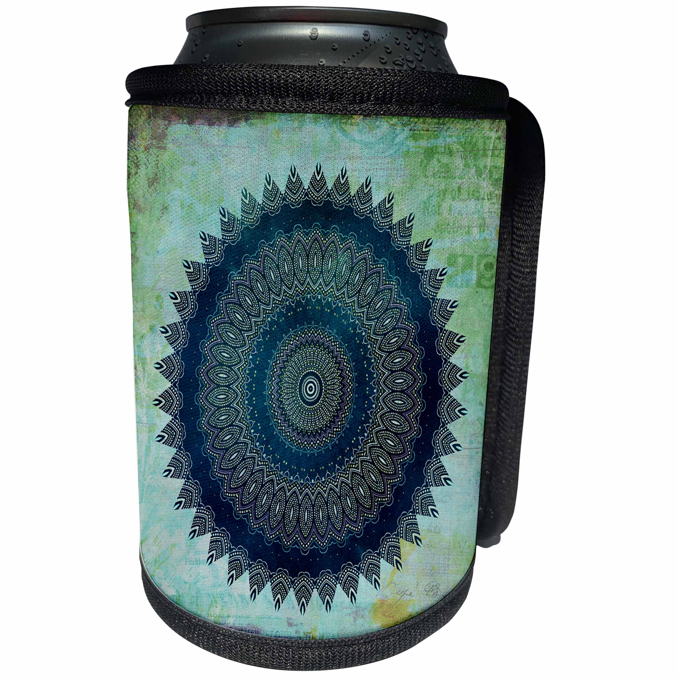 3dRose Andrea Haase Art Illustration - Blue Mandala Illustration On Turquoise Background - Can Cooler Bottle Wrap (cc_268239)