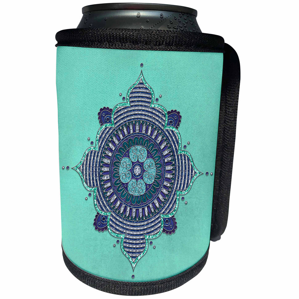 3dRose Andrea Haase Art Illustration - Blue Turquoise Mandala Ornament - Can Cooler Bottle Wrap (cc_268245)