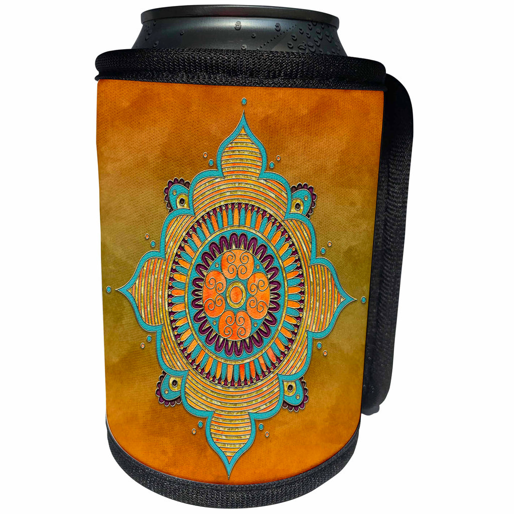 3dRose Andrea Haase Art Illustration - Orange Turquoise Mandala Ornament - Can Cooler Bottle Wrap (cc_268250)