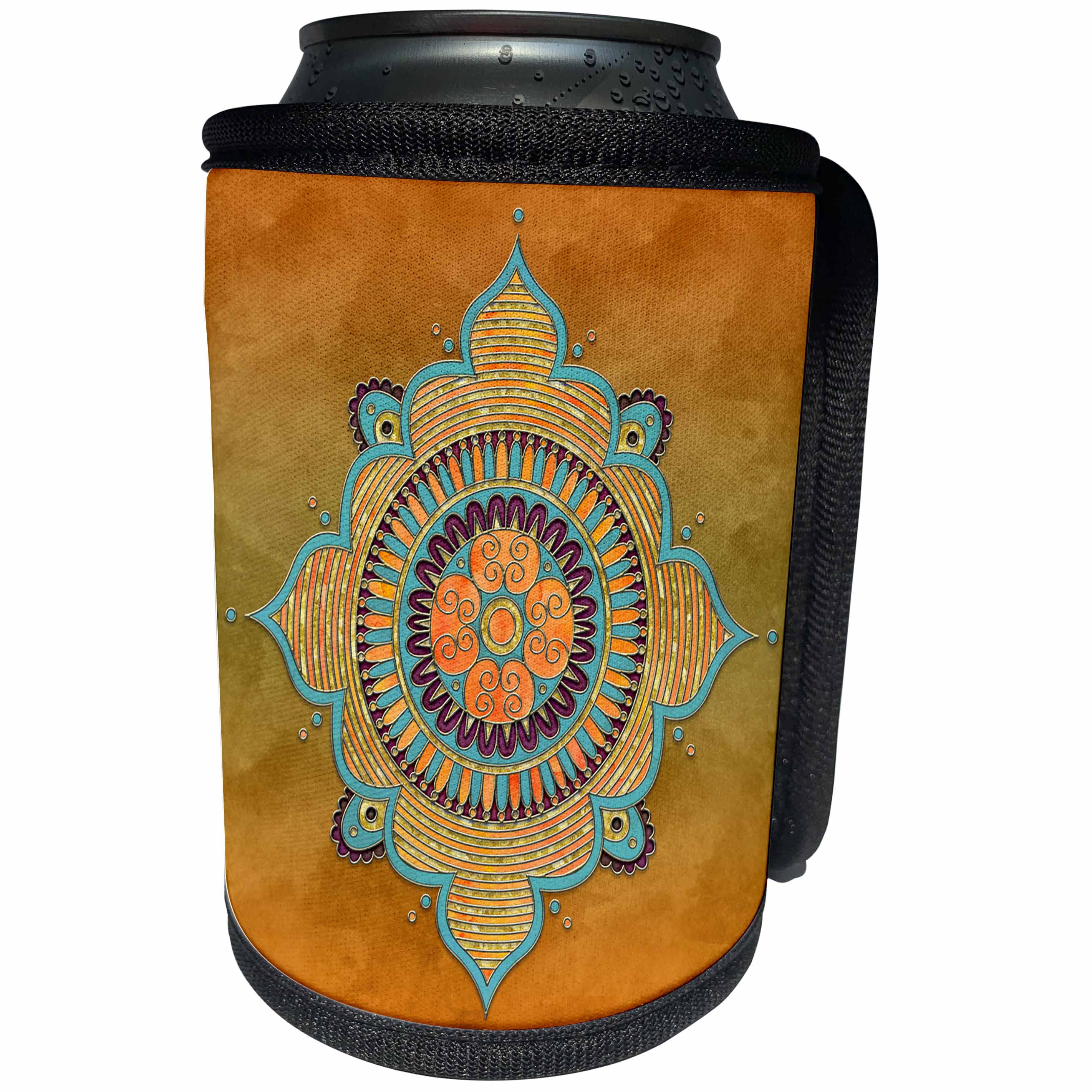 3dRose Andrea Haase Art Illustration - Orange Turquoise Mandala Ornament - Can Cooler Bottle Wrap (cc_268250)