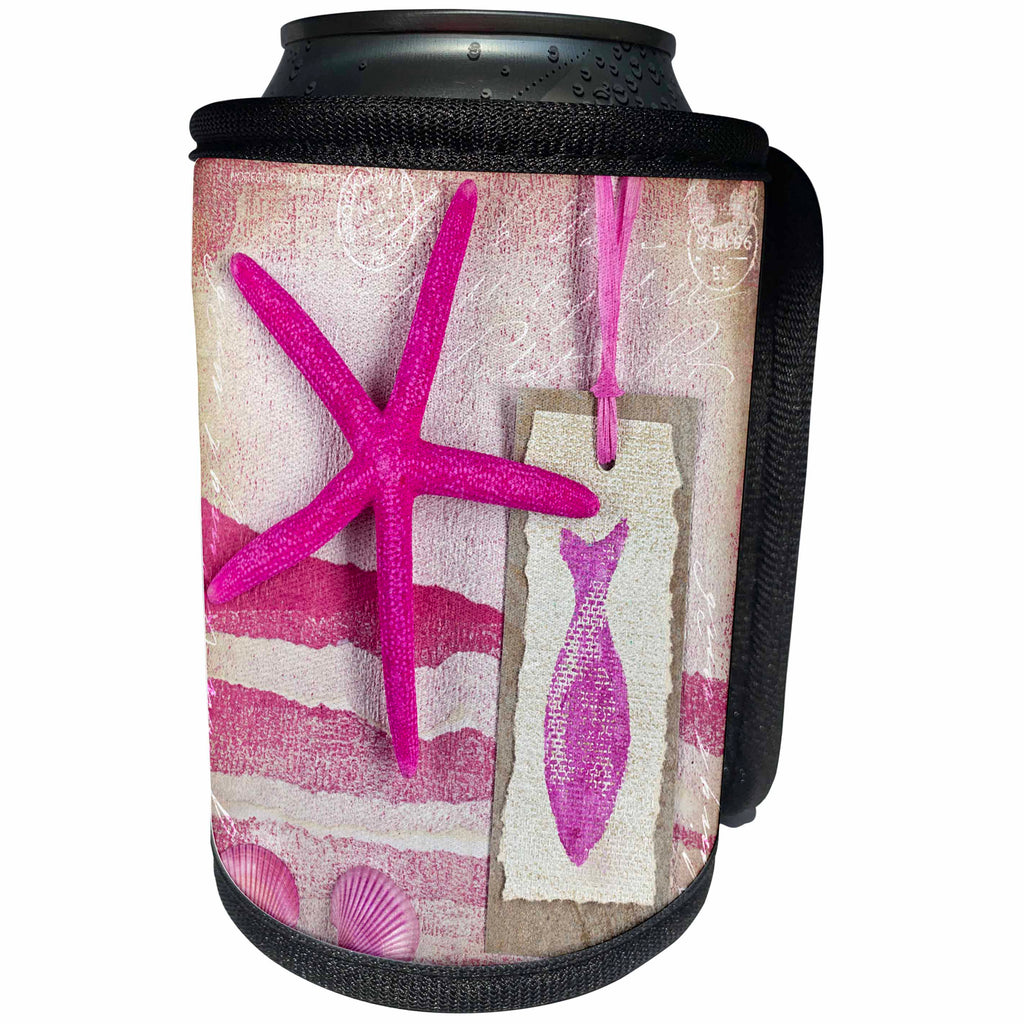 3dRose Andrea Haase Art Illustration - Marine Collage Painting With Pink Starfish - Can Cooler Bottle Wrap (cc_268258)
