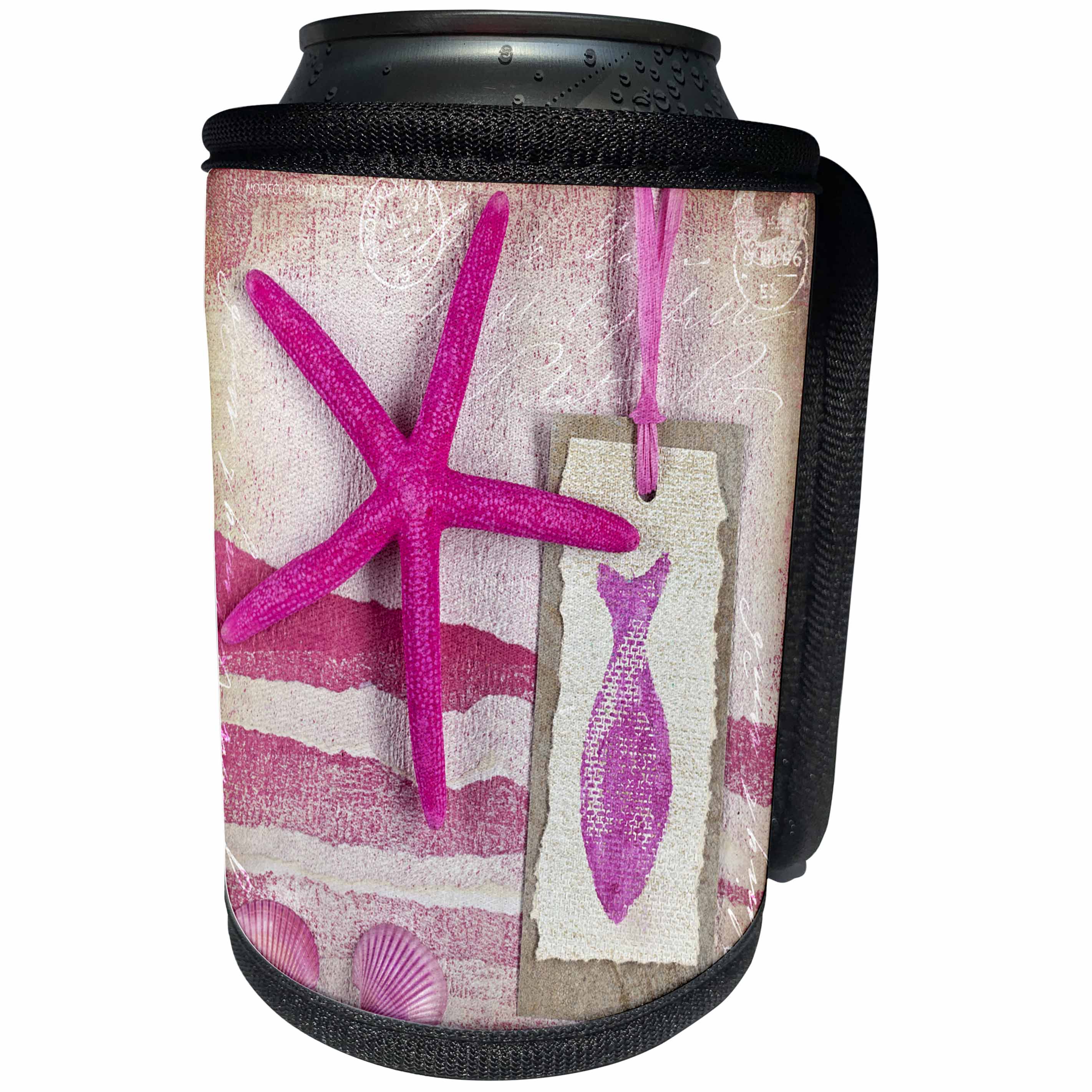 3dRose Andrea Haase Art Illustration - Marine Collage Painting With Pink Starfish - Can Cooler Bottle Wrap (cc_268258)