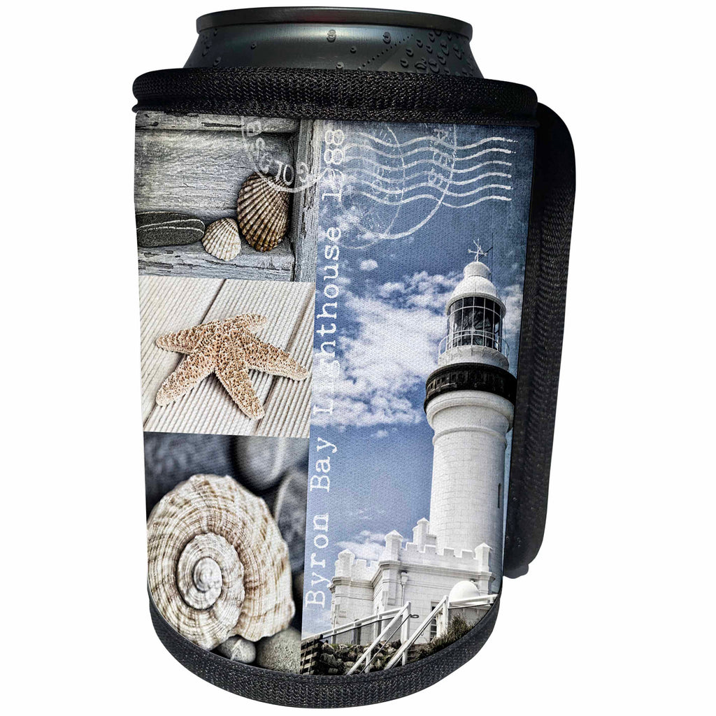 3dRose Andrea Haase Art Illustration - Mixed Media Collage Of Byron Bay Lighthouse And Shells - Can Cooler Bottle Wrap (cc_268259)