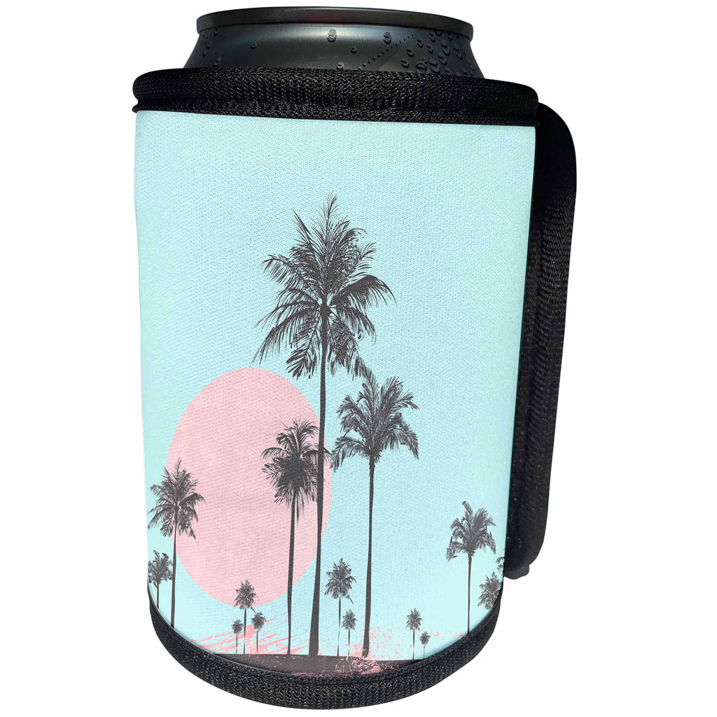 3dRose Andrea Haase Art Illustration - Pastel Colored Seaside Scenery With Palm Trees - Can Cooler Bottle Wrap (cc_268266)