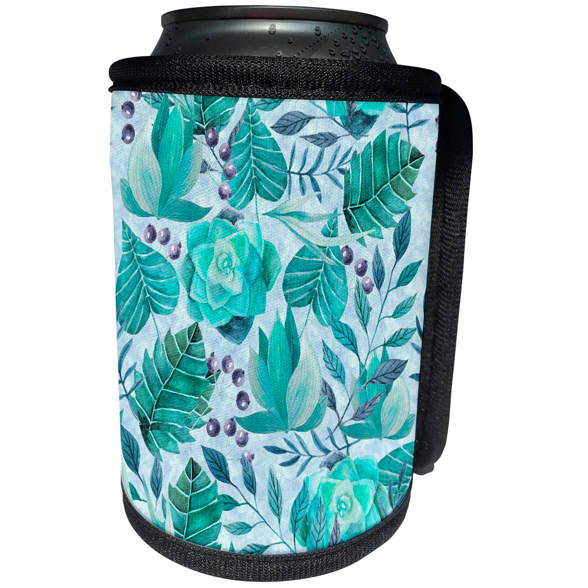 3dRose Andrea Haase Allover Pattern - Watercolor Leaf And Succulent Pattern Aqua Green - Can Cooler Bottle Wrap (cc_268300)