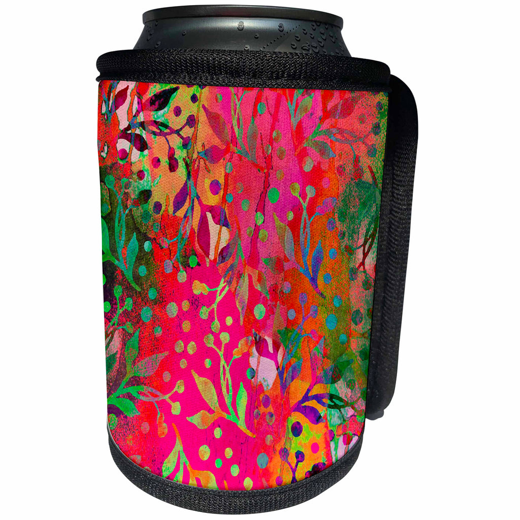 3dRose Andrea Haase Allover Pattern - Colorful Watercolor Leaf Pattern In Pink And Green - Can Cooler Bottle Wrap (cc_268308)