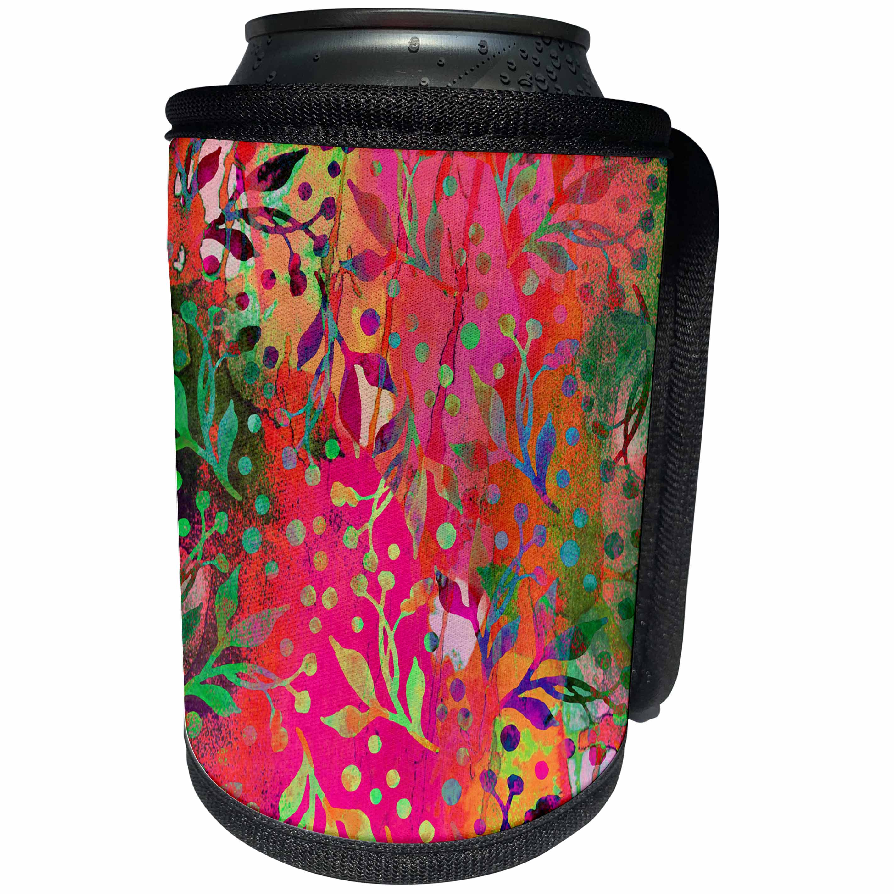 3dRose Andrea Haase Allover Pattern - Colorful Watercolor Leaf Pattern In Pink And Green - Can Cooler Bottle Wrap (cc_268308)