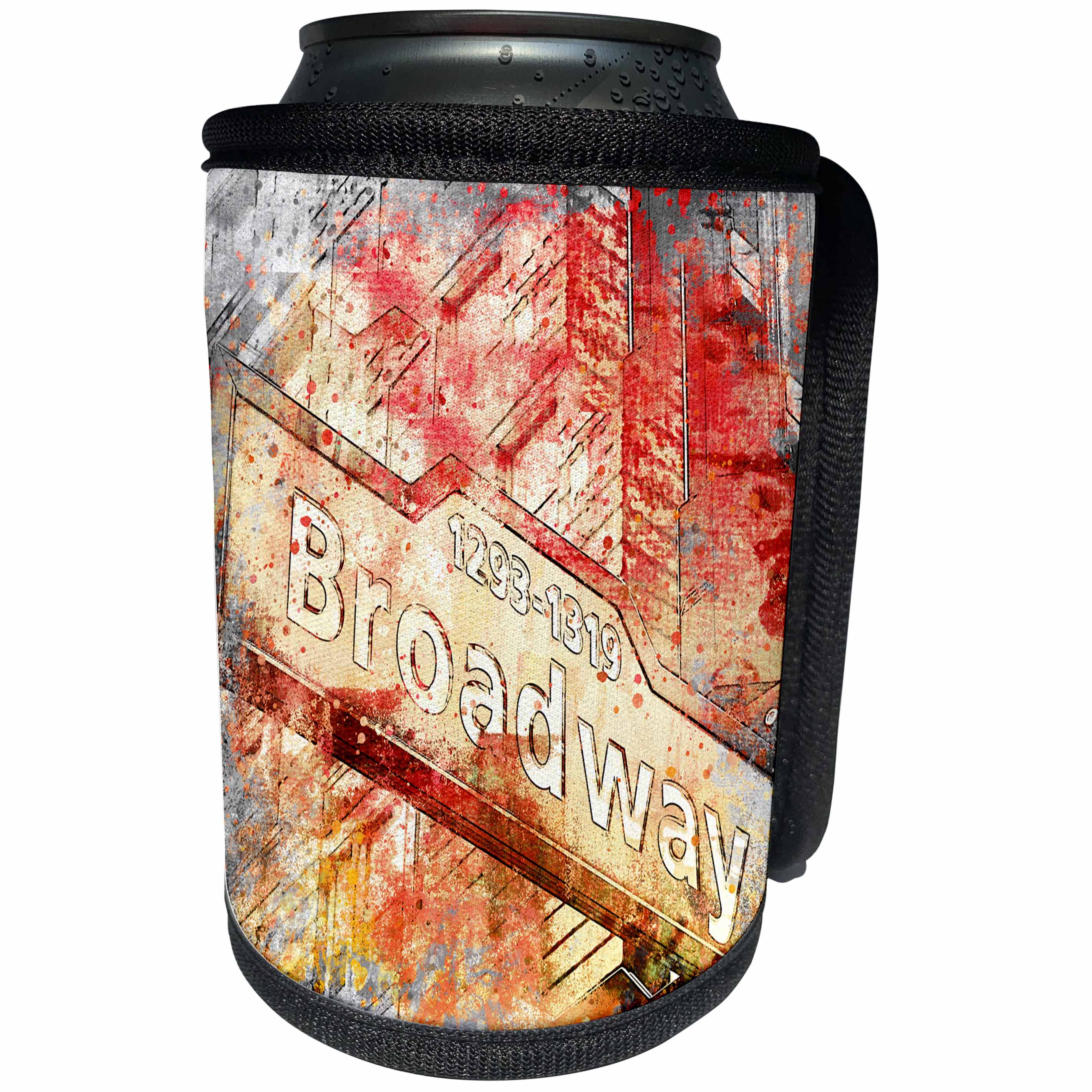 3dRose Andrea Haase Art Illustration - Broadway Street Sign Watercolor Illustration Orange - Can Cooler Bottle Wrap (cc_268314)