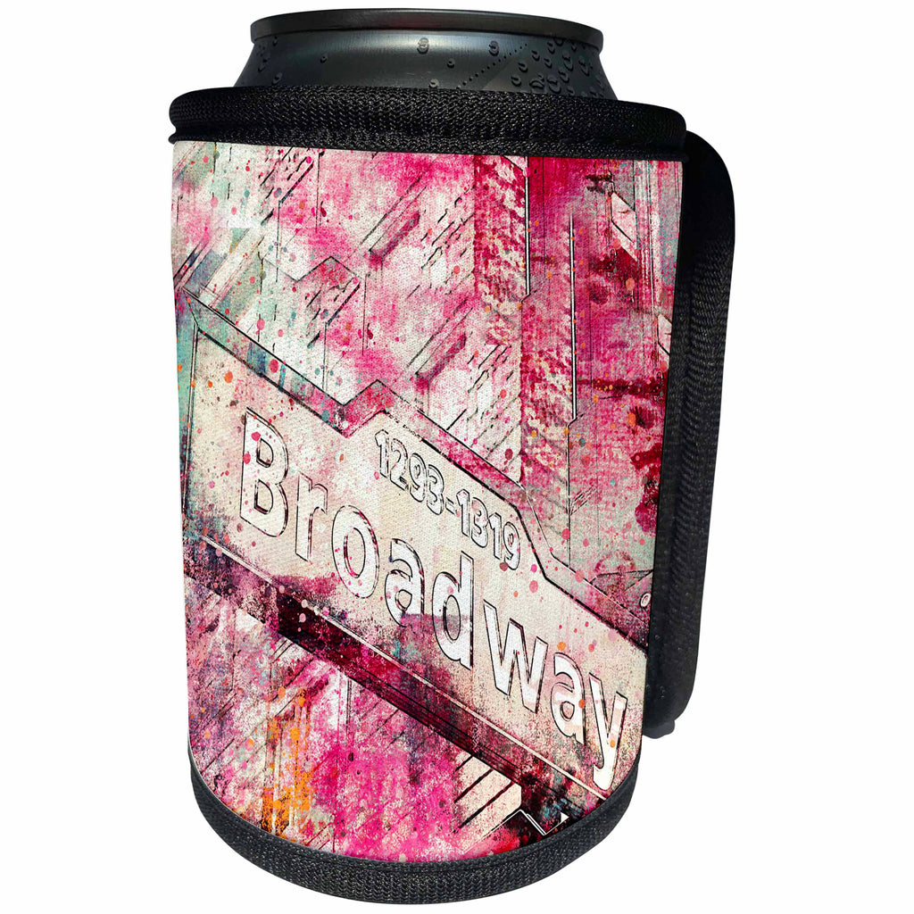 3dRose Andrea Haase Art Illustration - Broadway Street Sign Watercolor Illustration Pink - Can Cooler Bottle Wrap (cc_268315)