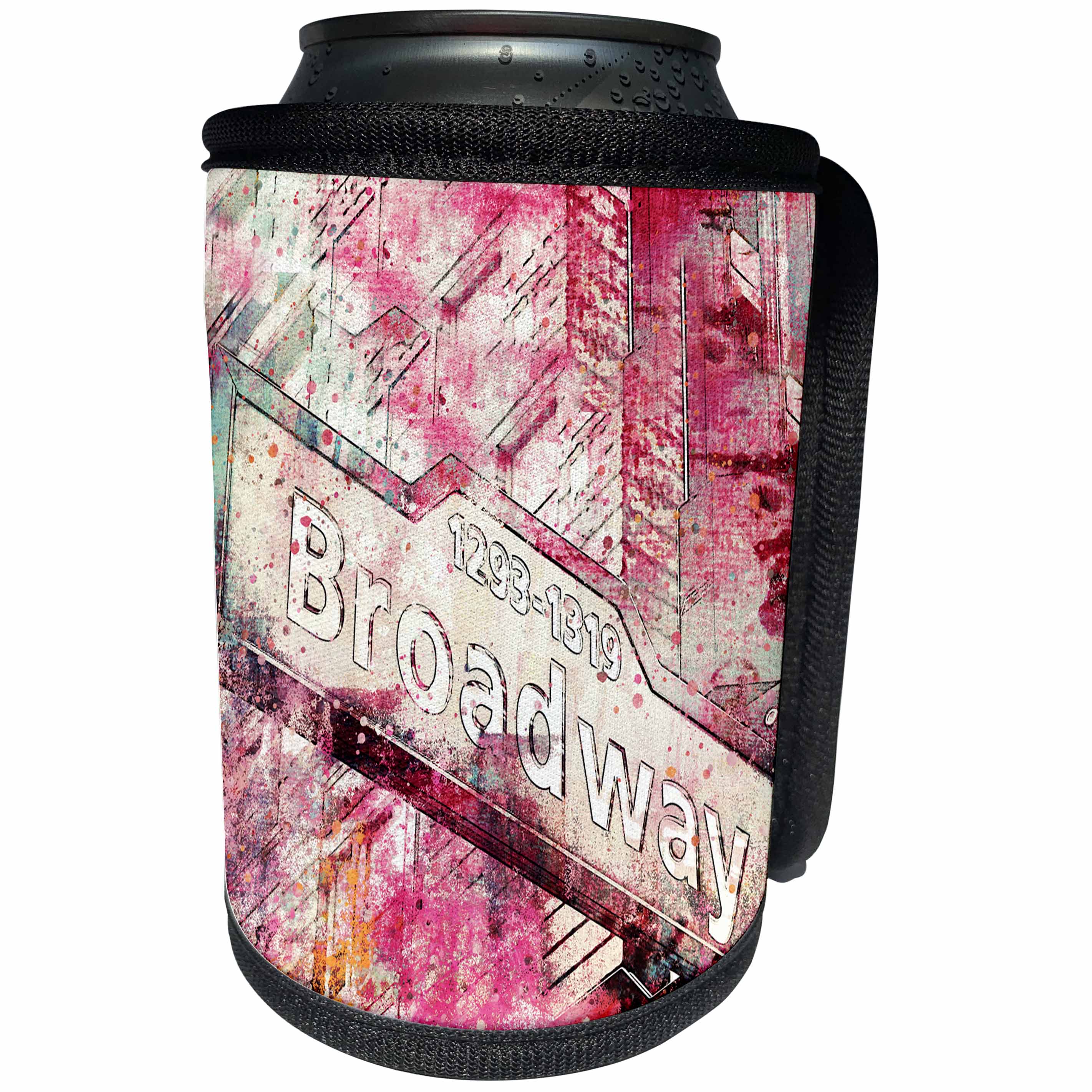 3dRose Andrea Haase Art Illustration - Broadway Street Sign Watercolor Illustration Pink - Can Cooler Bottle Wrap (cc_268315)