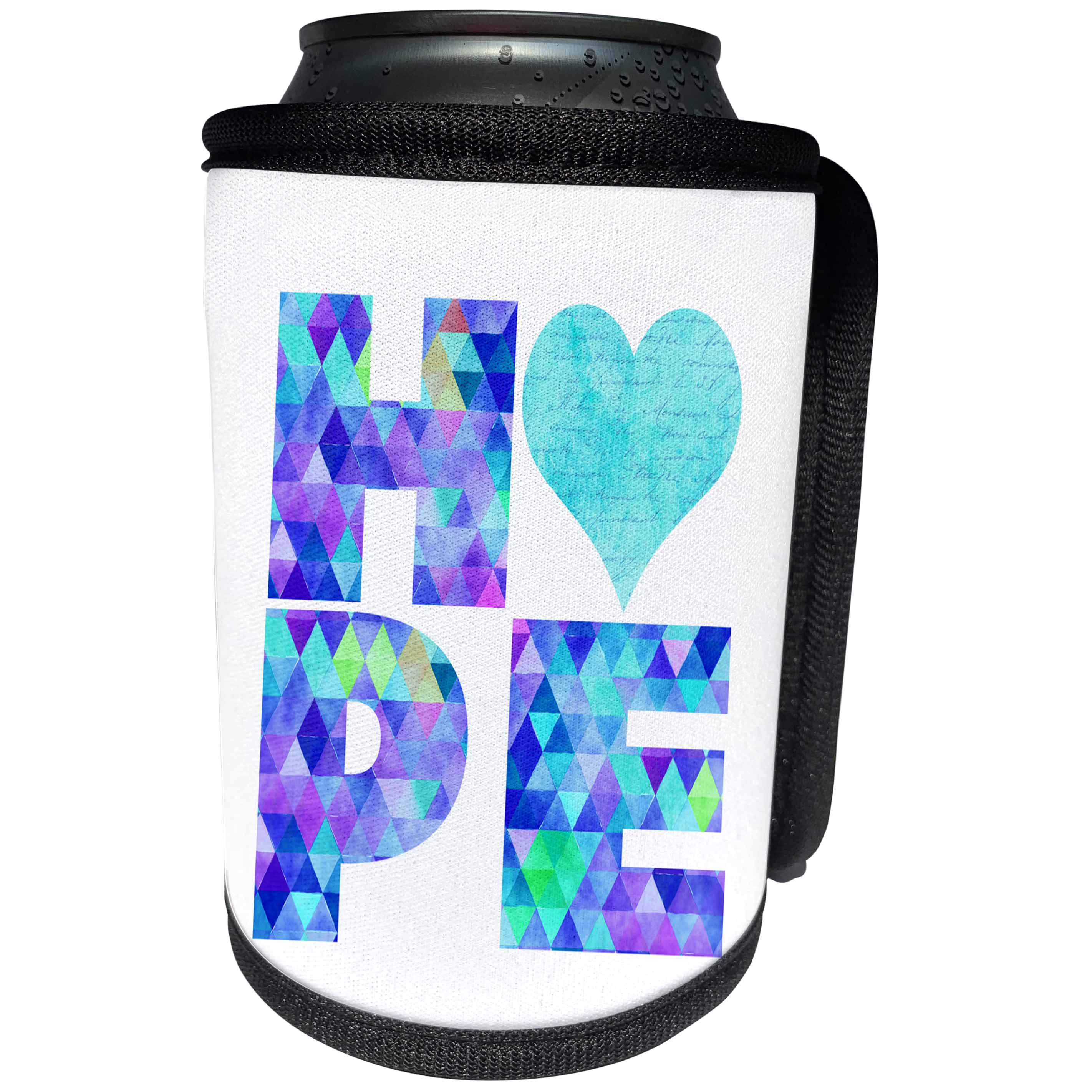 3dRose Andrea Haase Inspirational Typography - Word Hope with Heart Typography Art In Blue - Can Cooler Bottle Wrap (cc_268325)
