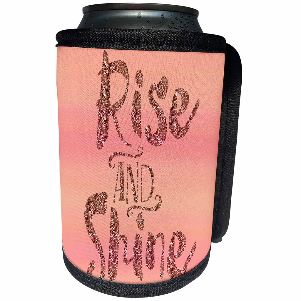 3dRose Andrea Haase Inspirational Typography - Typography Art Rise And Shine Glittering Letters - Can Cooler Bottle Wrap (cc_268332)