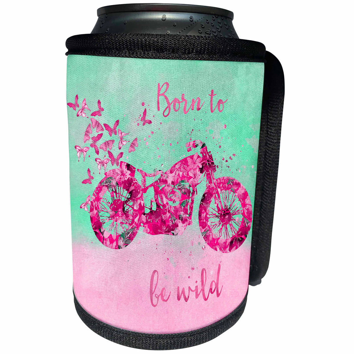 3dRose Andrea Haase Inspirational Typography - Floral Pattern Motorbike With Typography Born To Be Wild - Can Cooler Bottle Wrap (cc_268337)