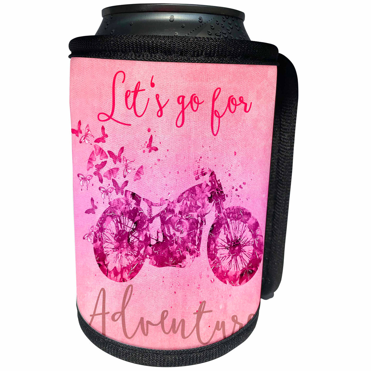3dRose Andrea Haase Inspirational Typography - Floral Pattern Motorbike With Typography Lets Go On Adventure - Can Cooler Bottle Wrap (cc_268343)