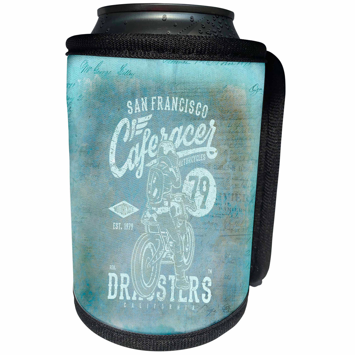 3dRose Andrea Haase Art Illustration - Vintage Motorcycle Caferacer Poster Art In Blue - Can Cooler Bottle Wrap (cc_268350)
