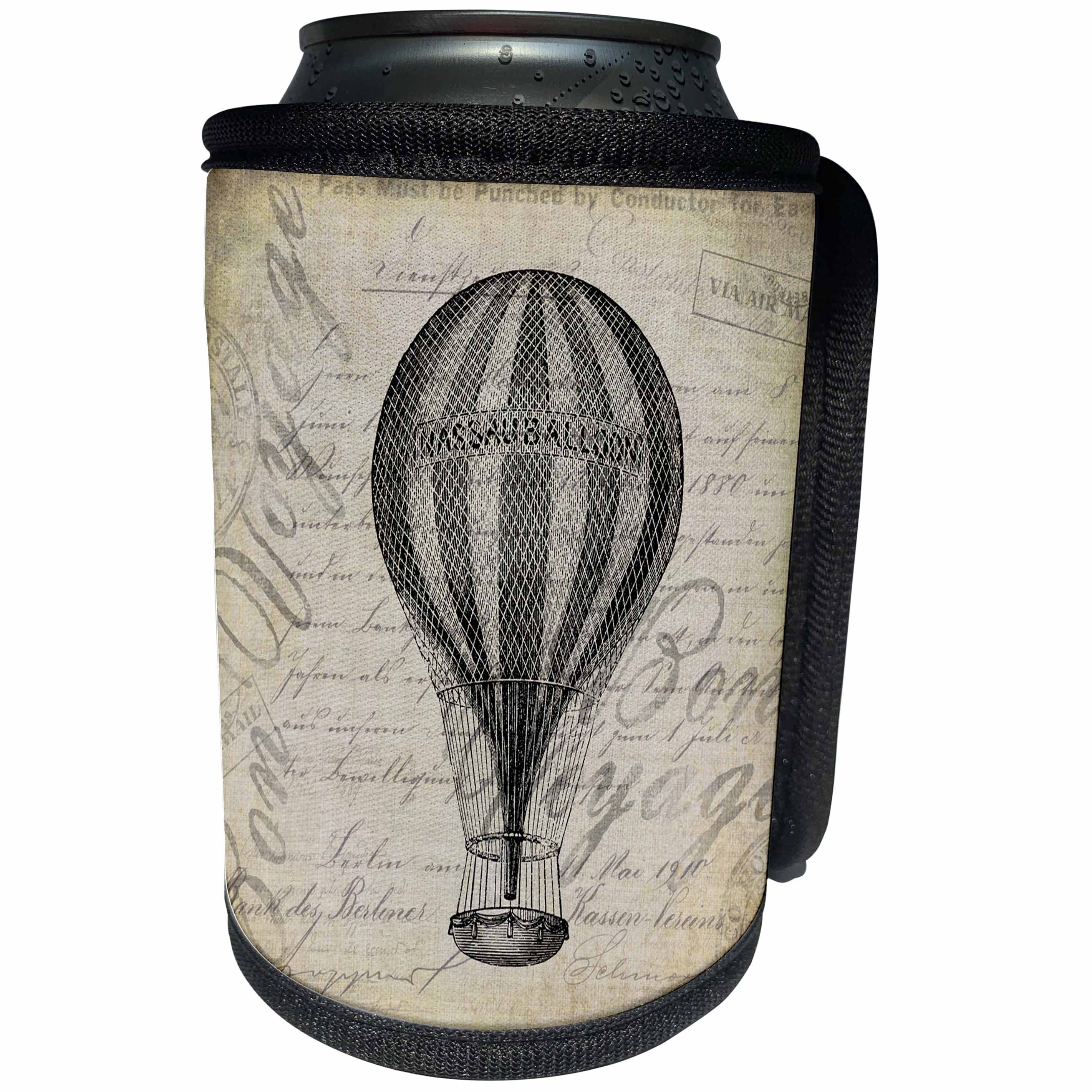 3dRose Andrea Haase Art Illustration - Vintage Hot Air Balloon In Brown Grey Grunge Style - Can Cooler Bottle Wrap (cc_268354)