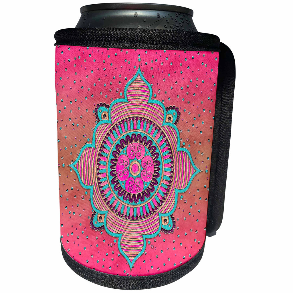 3dRose Andrea Haase Art Illustration - Pink And Turquoise Mandala Ornament - Can Cooler Bottle Wrap (cc_268373)