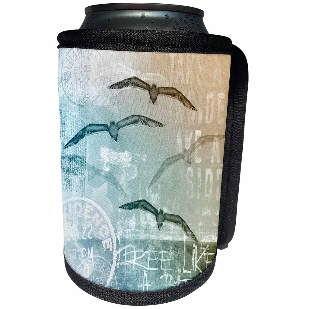 3dRose Andrea Haase Art Illustration - Sea Gull Illustration With Typography In Blue Grey - Can Cooler Bottle Wrap (cc_268375)