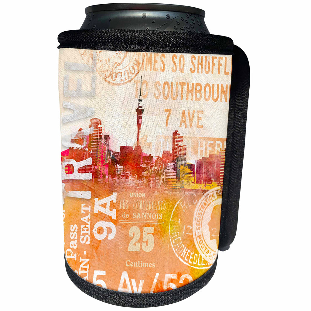 3dRose Andrea Haase Art Illustration - City Skyline And Typography Travel Illustration - Can Cooler Bottle Wrap (cc_268381)