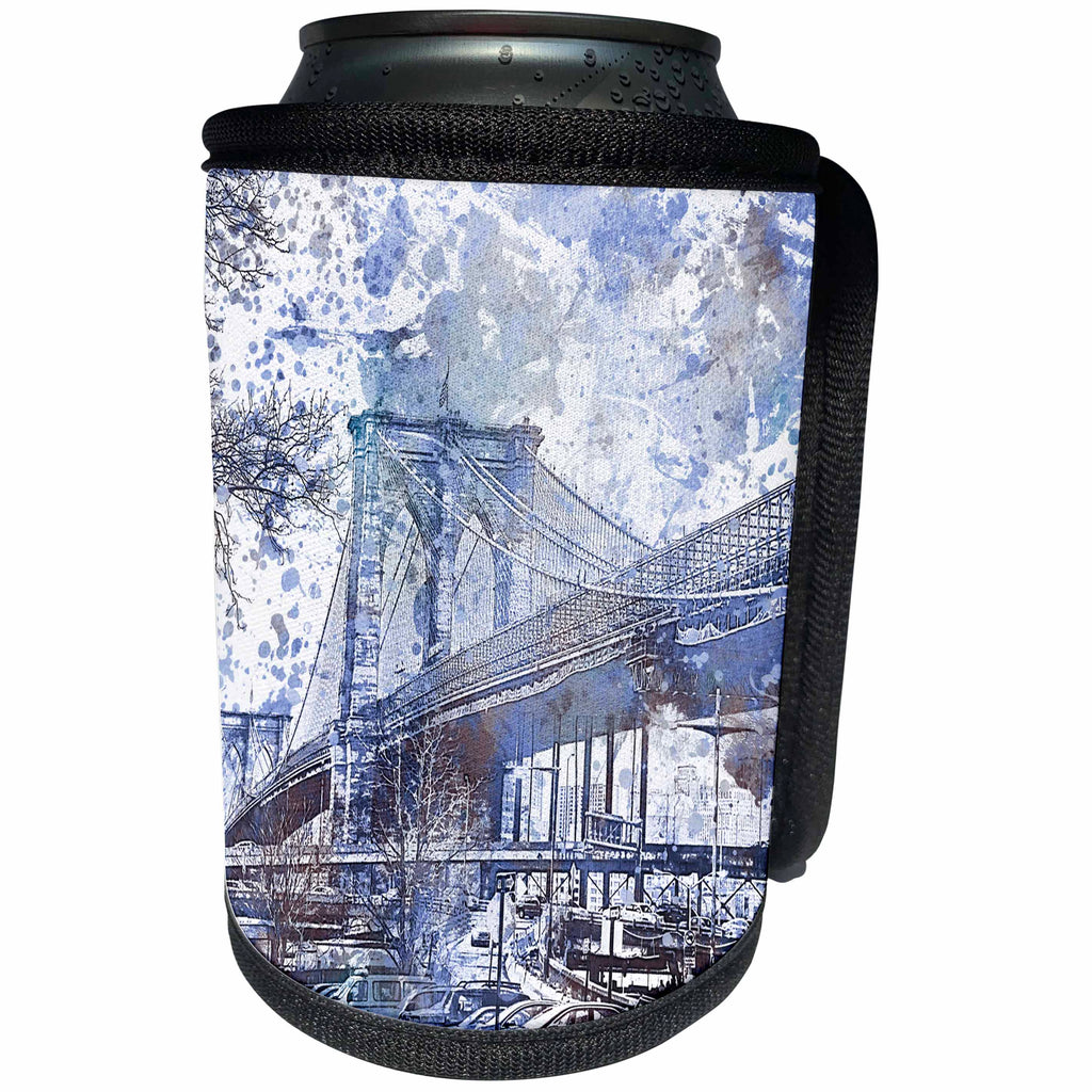 3dRose Andrea Haase Art Illustration - Watercolor Illustration Of Brooklyn Bridge In Blue Grey - Can Cooler Bottle Wrap (cc_268383)
