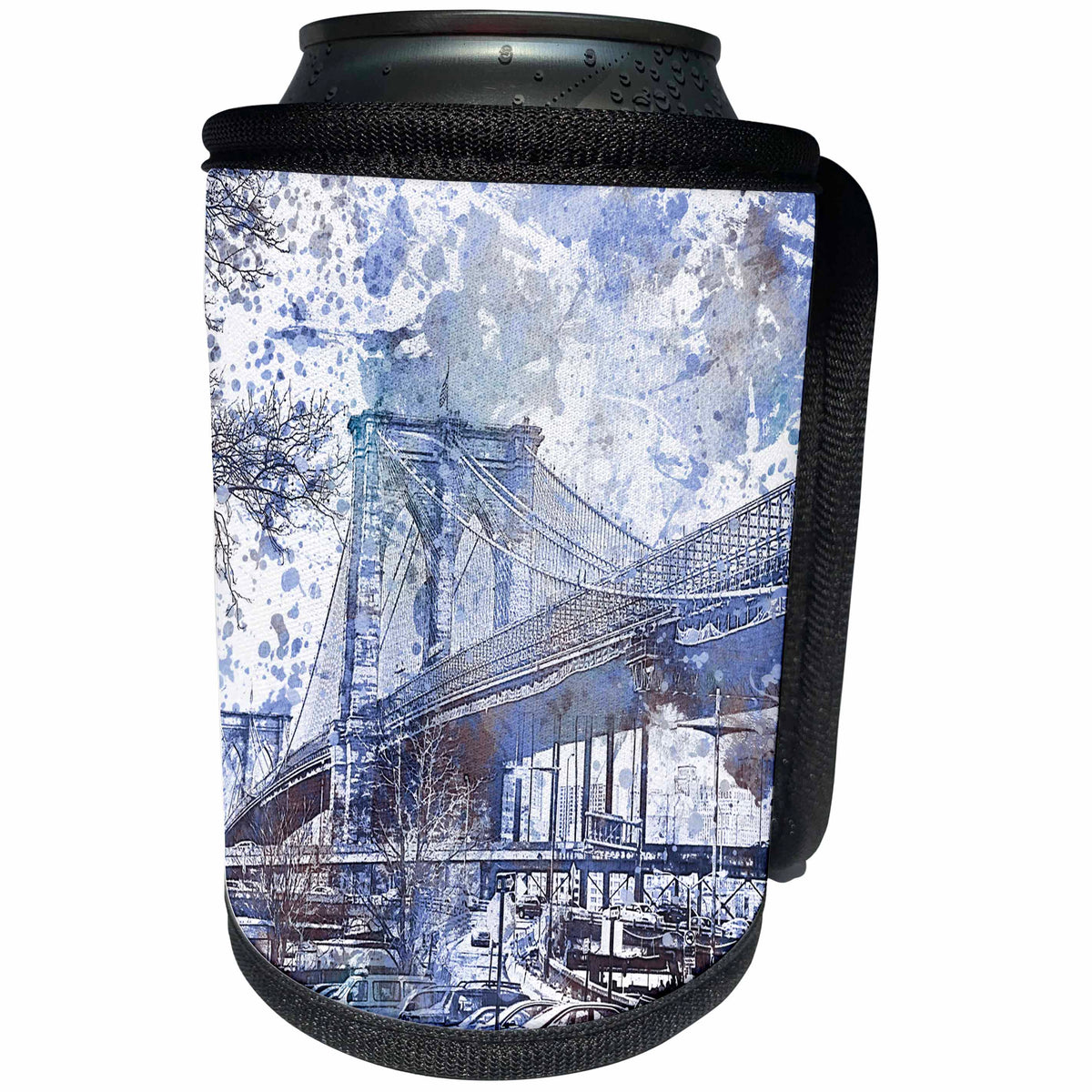 3dRose Andrea Haase Art Illustration - Watercolor Illustration Of Brooklyn Bridge In Blue Grey - Can Cooler Bottle Wrap (cc_268383)