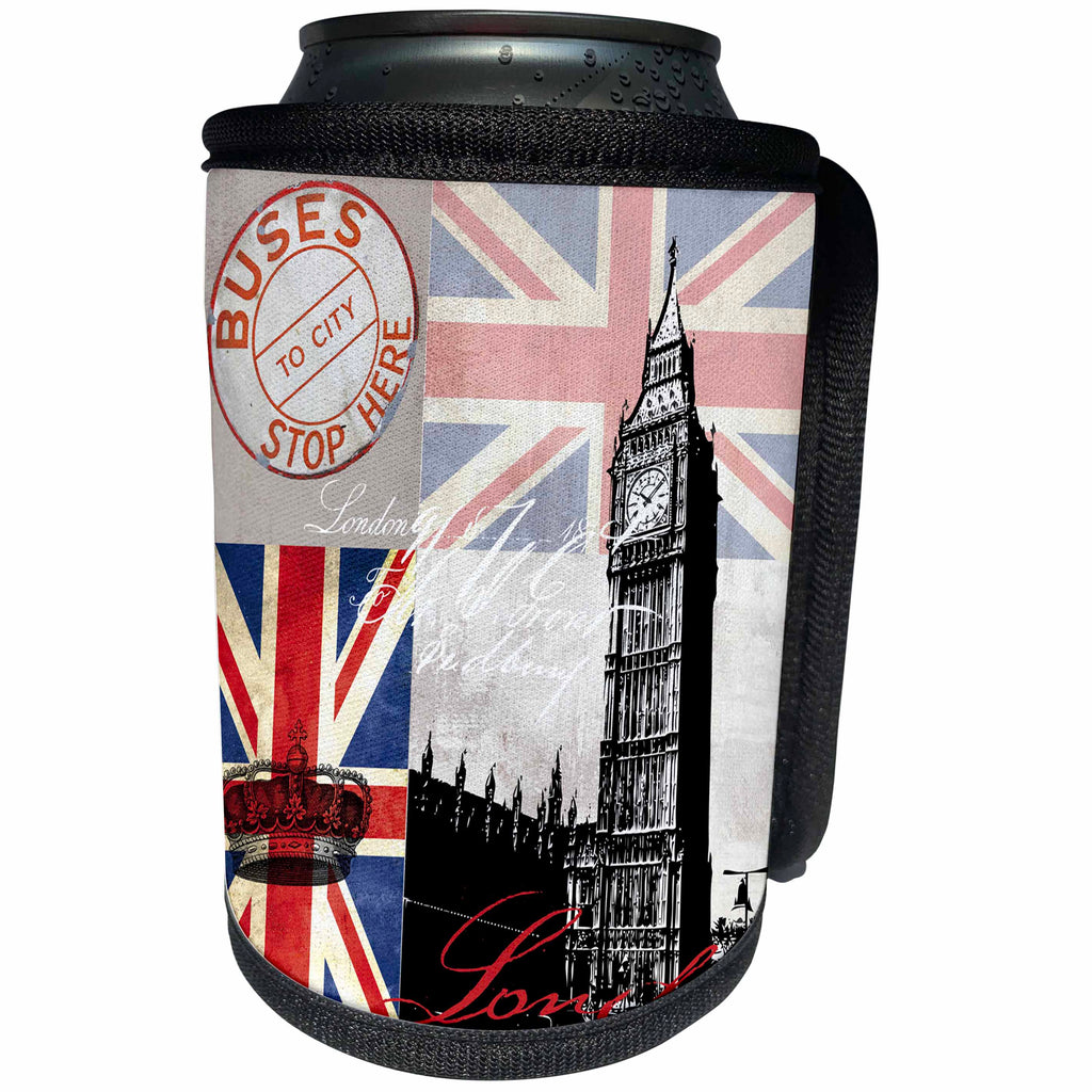 3dRose Andrea Haase Art Illustration - London Great Britain Illustration With Union Jack Flag - Can Cooler Bottle Wrap (cc_268388)