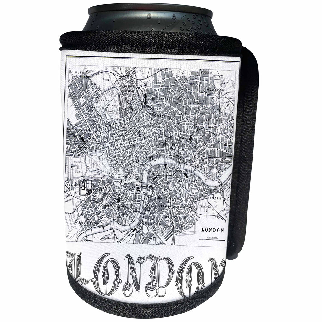 3dRose Andrea Haase Art Illustration - Vintage London Map Black And White - Can Cooler Bottle Wrap (cc_268391)