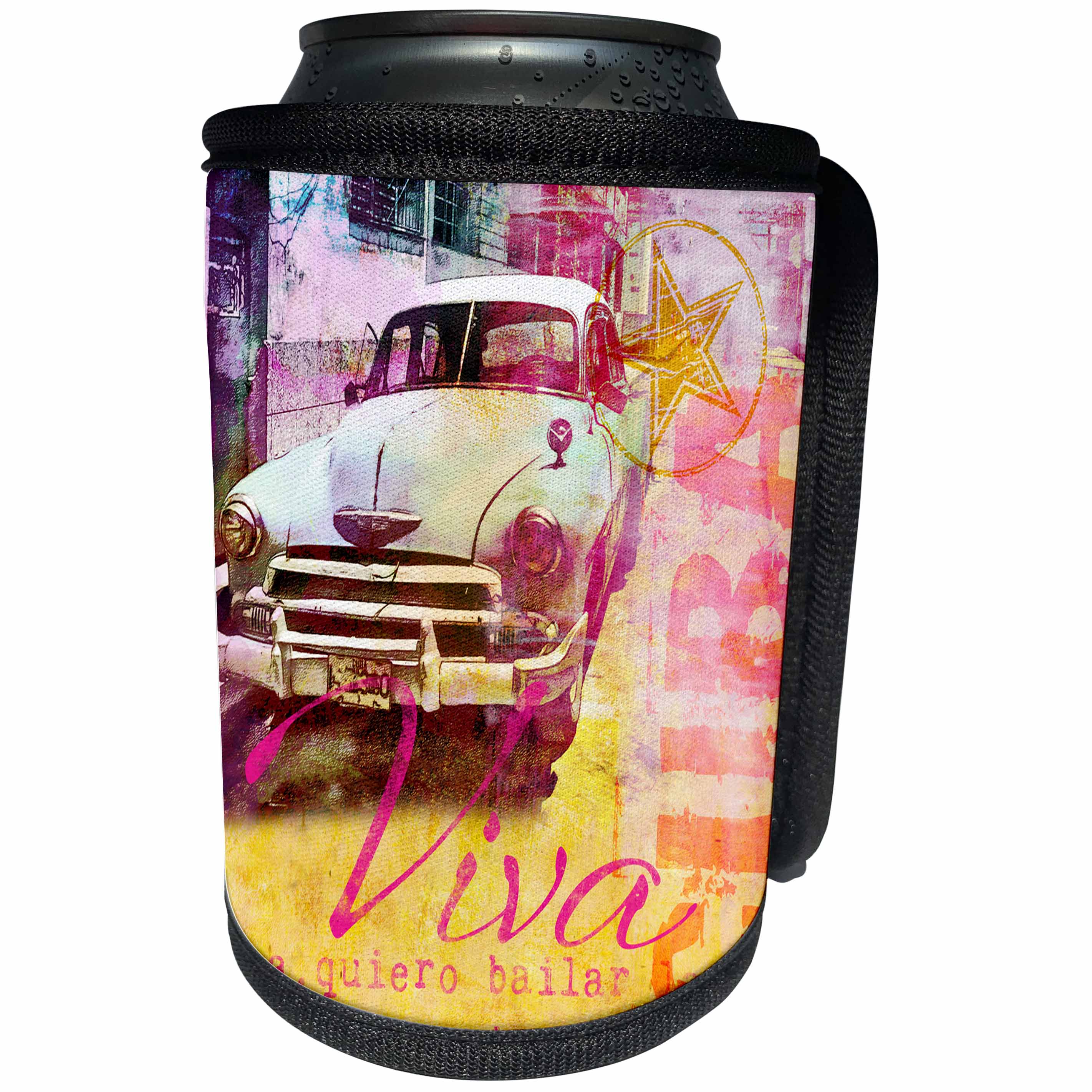 3dRose Andrea Haase Art Illustration - Retro Car And Cuba Typography Colorful Mixed Media Art - Can Cooler Bottle Wrap (cc_268393)