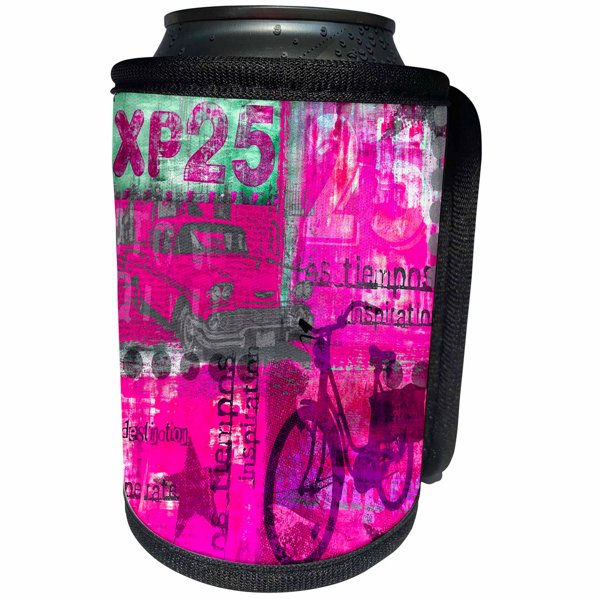 3dRose Andrea Haase Art Illustration - Purple Grey Mixed Media Art Illustration With Car And Bike - Can Cooler Bottle Wrap (cc_268396)