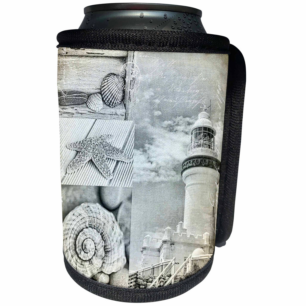 3dRose Andrea Haase Art Illustration - Mixed Media Collage Of Byron Bay Lighthouse With Sea Shells - Can Cooler Bottle Wrap (cc_268398)