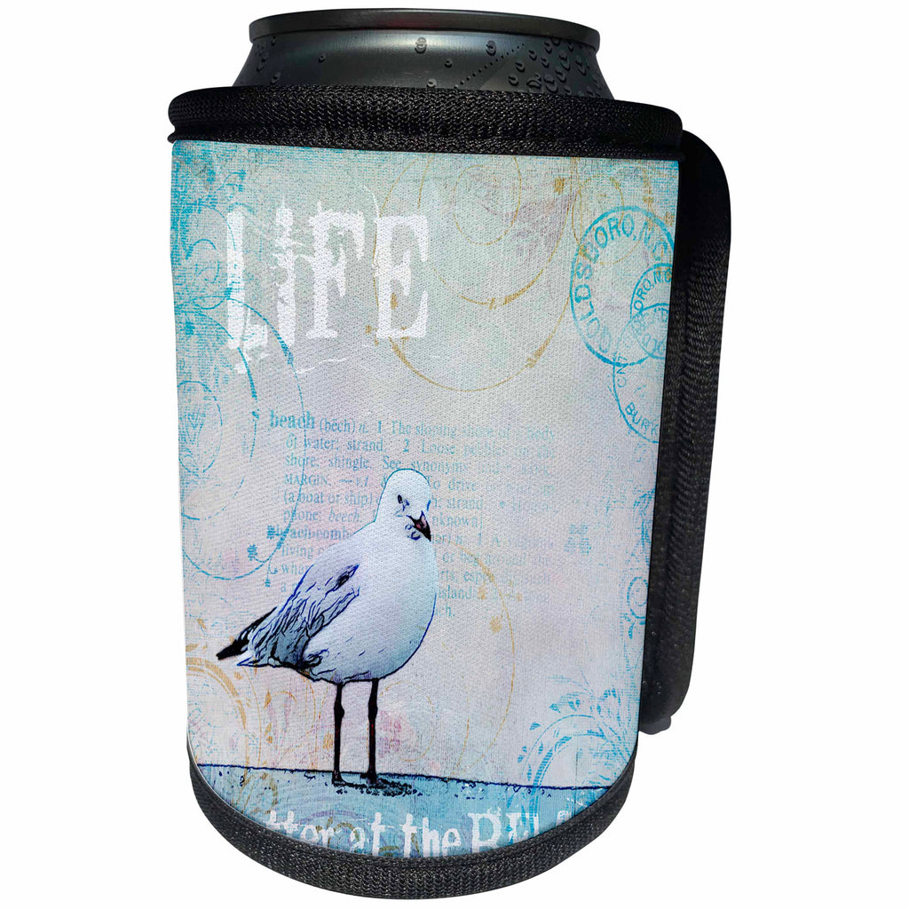 3dRose Andrea Haase Art Illustration - Sea Gull Illustration With Typography Life Is Better At The Beach - Can Cooler Bottle Wrap (cc_268400)