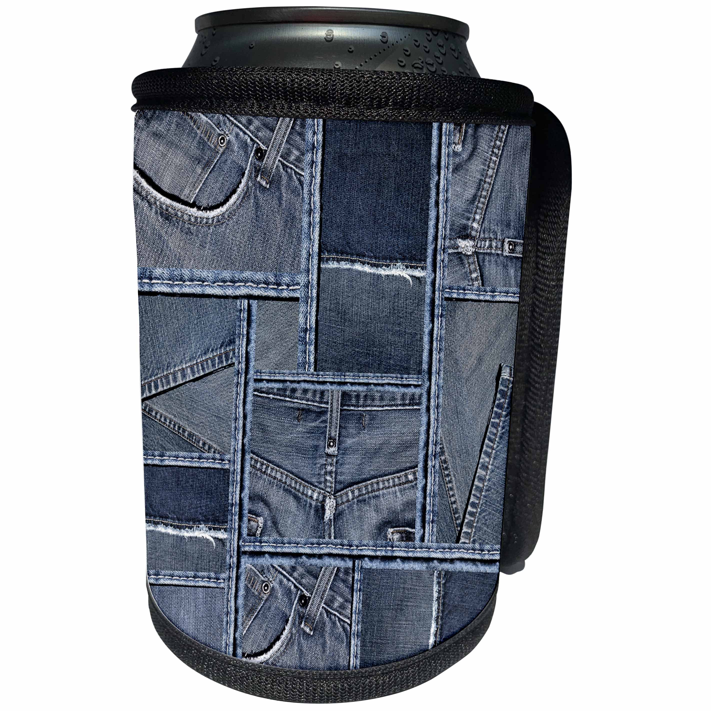 3dRose Andrea Haase Allover Pattern - Blue Denim Patchwork Pattern - Can Cooler Bottle Wrap (cc_268405)
