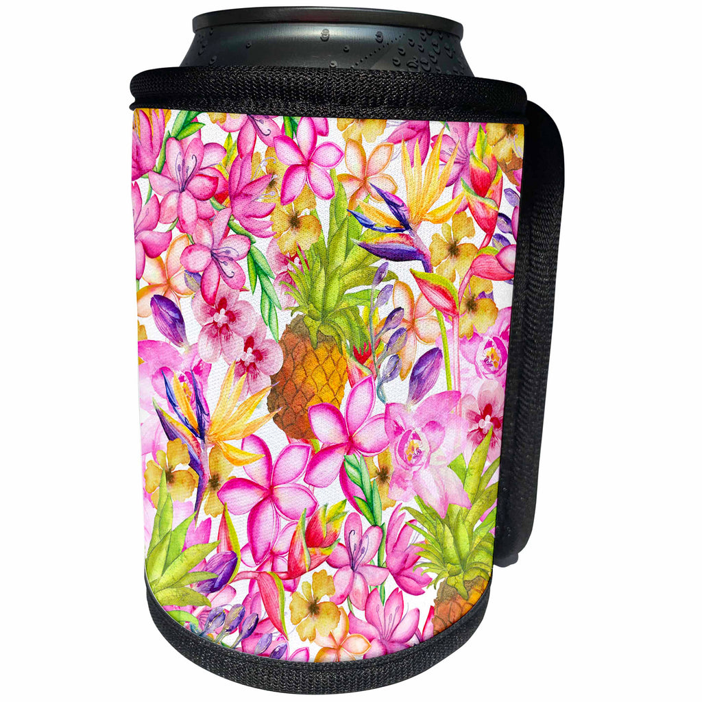 3dRose Andrea Haase Allover Pattern - Exotic Watercolor Pattern With Flowers And Pineapple - Can Cooler Bottle Wrap (cc_268425)