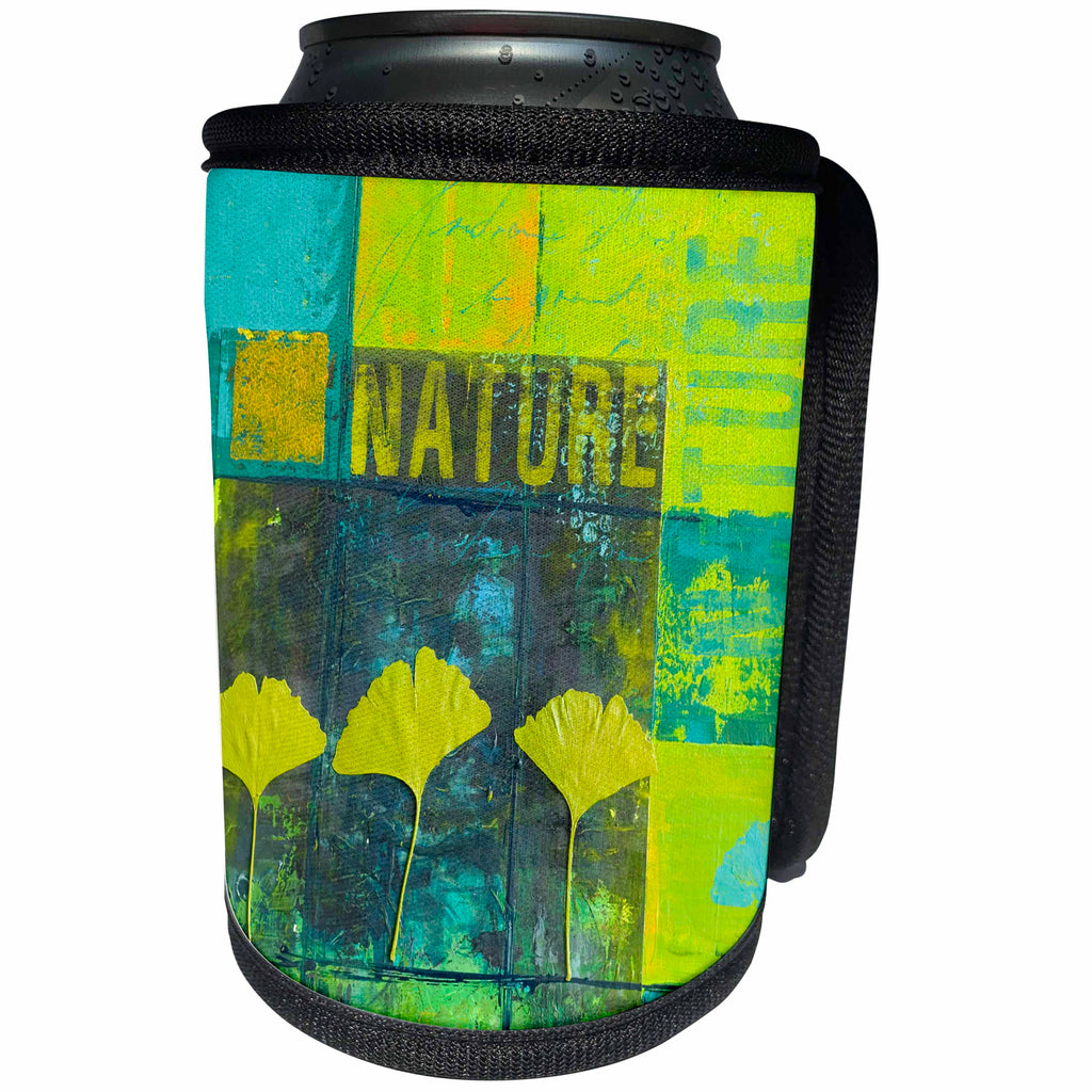 3dRose Andrea Haase Art Illustration - Collage Illustration With Gingko Leafs And Text Elements In Green - Can Cooler Bottle Wrap (cc_268447)