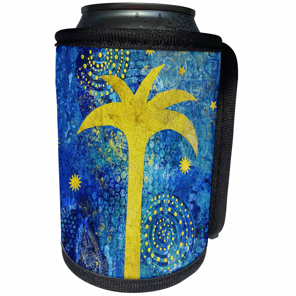 3dRose Andrea Haase Art Illustration - Golden Palm Tree on Blue Collage Background Illustration - Can Cooler Bottle Wrap (cc_268448)