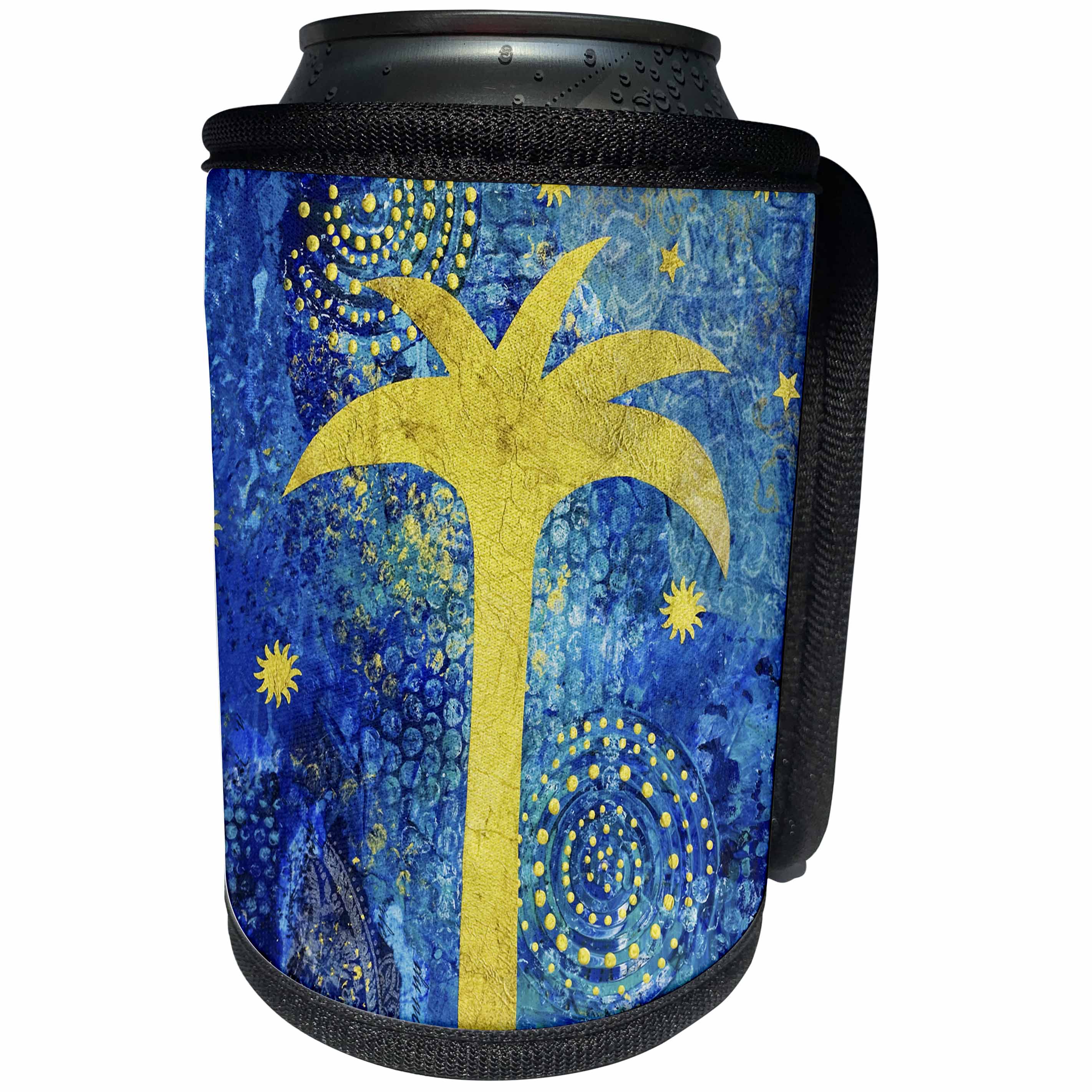 3dRose Andrea Haase Art Illustration - Golden Palm Tree on Blue Collage Background Illustration - Can Cooler Bottle Wrap (cc_268448)
