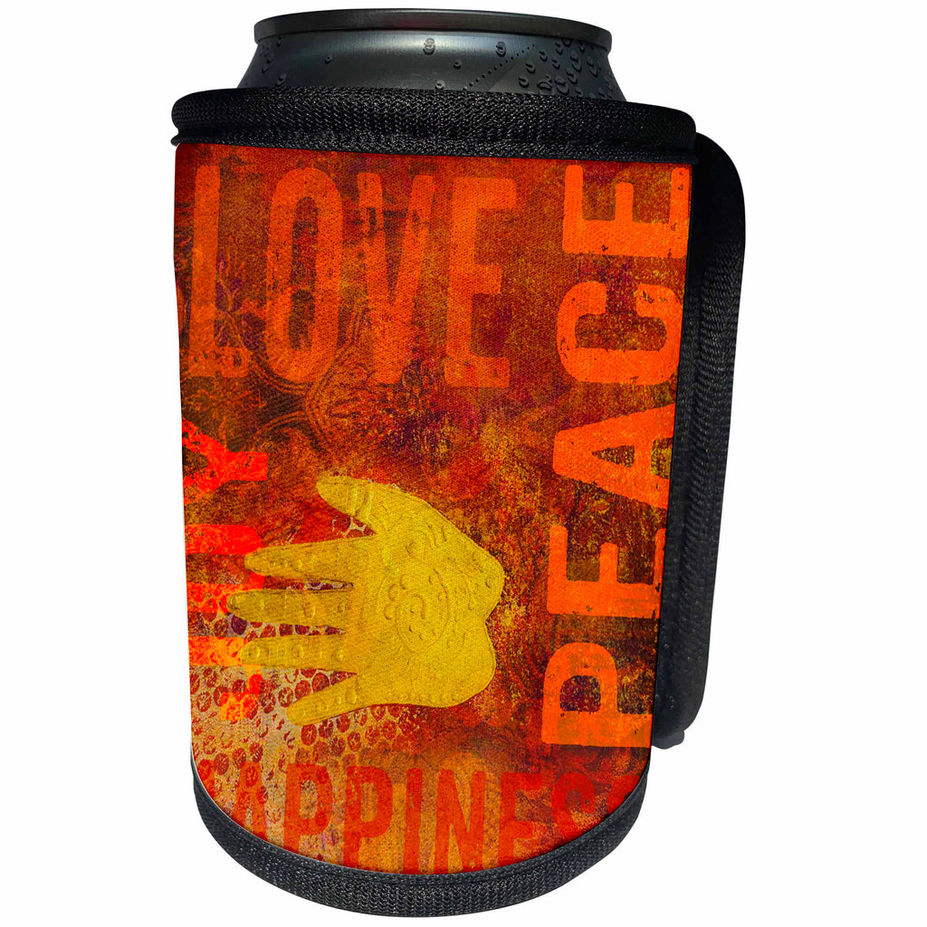 3dRose Andrea Haase Art Illustration - Ethnic Style Painting With Hand Symbols And Words Love Peace Joy - Can Cooler Bottle Wrap (cc_268450)