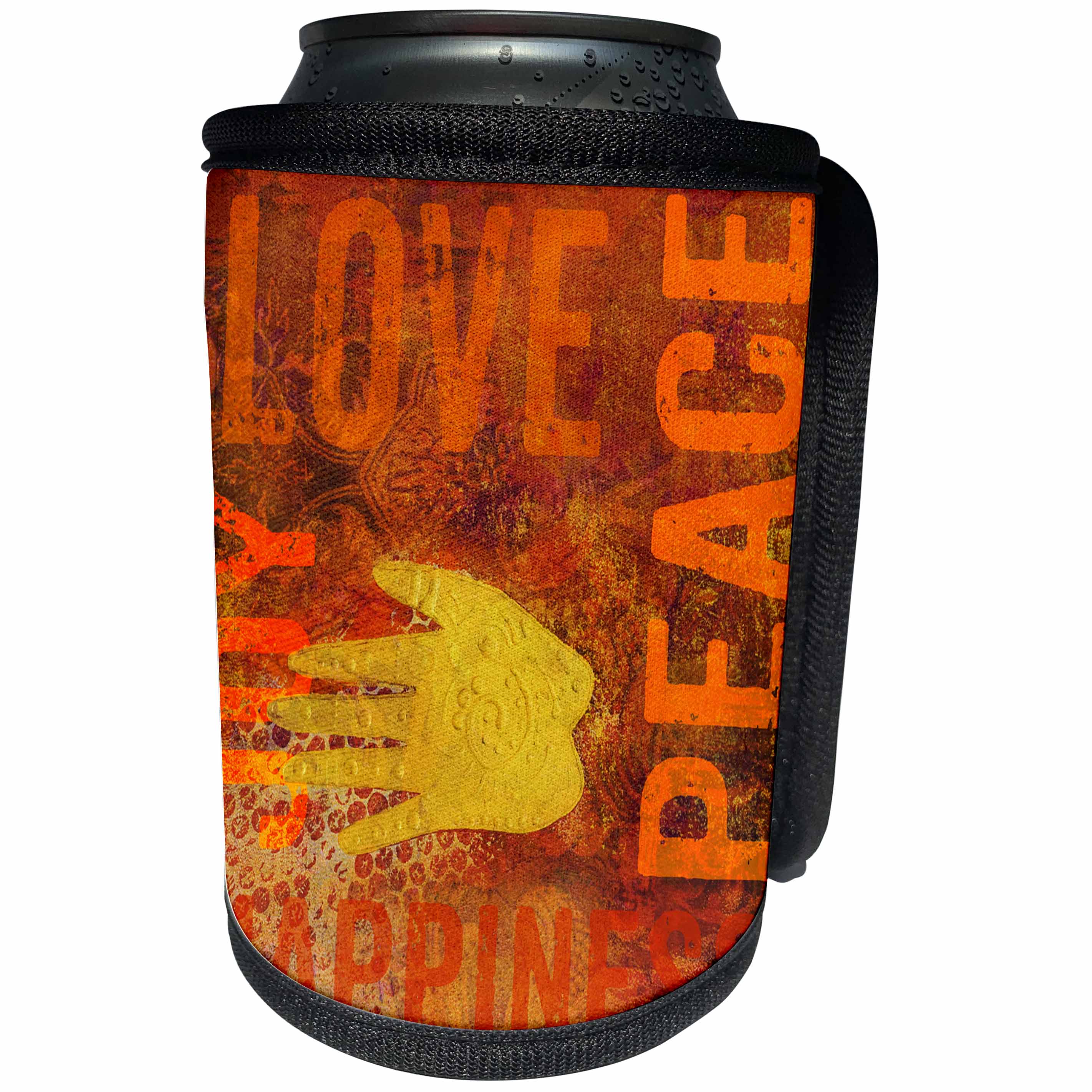 3dRose Andrea Haase Art Illustration - Ethnic Style Painting With Hand Symbols And Words Love Peace Joy - Can Cooler Bottle Wrap (cc_268450)