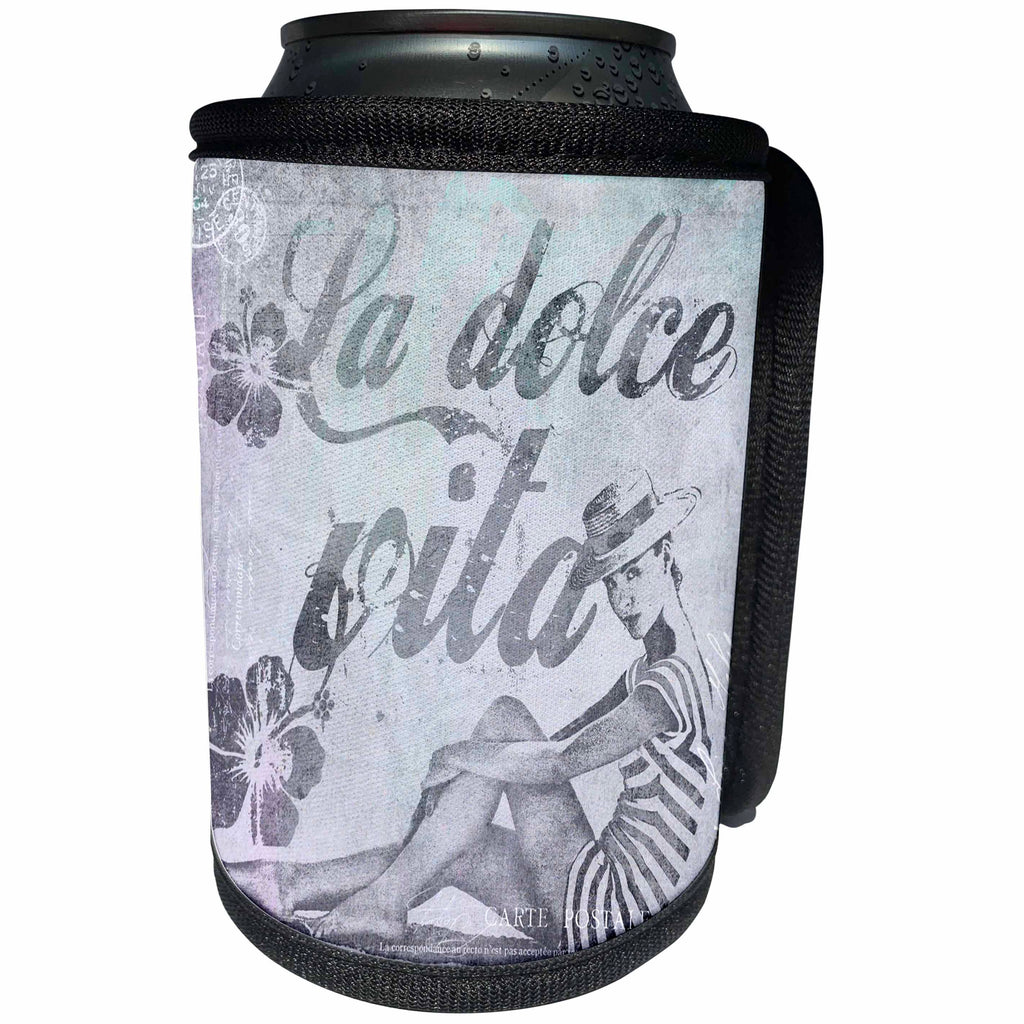 3dRose Andrea Haase Art Illustration - Retro Woman In Swimsuit And Text La Dolce Vita In Grey - Can Cooler Bottle Wrap (cc_268462)