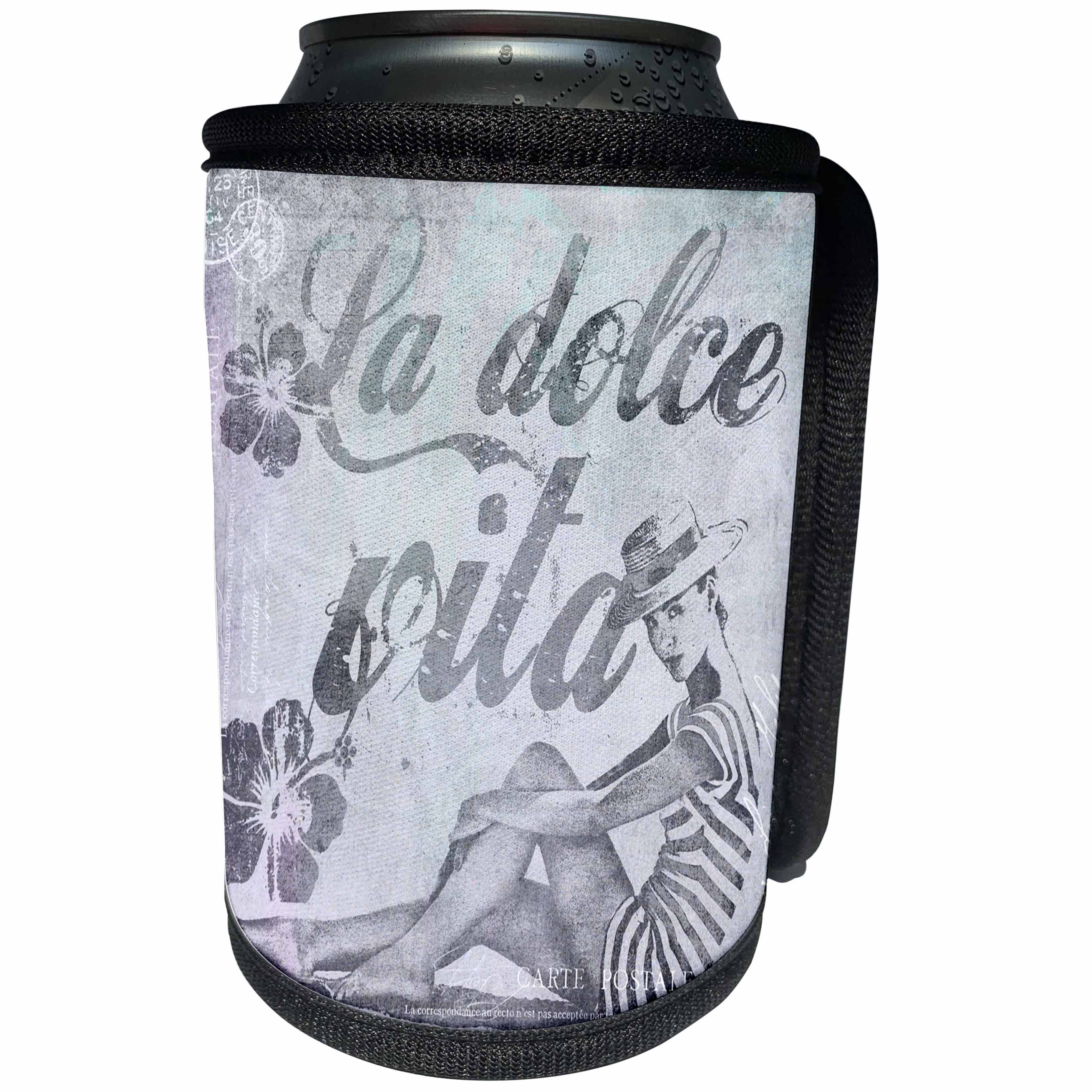 3dRose Andrea Haase Art Illustration - Retro Woman In Swimsuit And Text La Dolce Vita In Grey - Can Cooler Bottle Wrap (cc_268462)