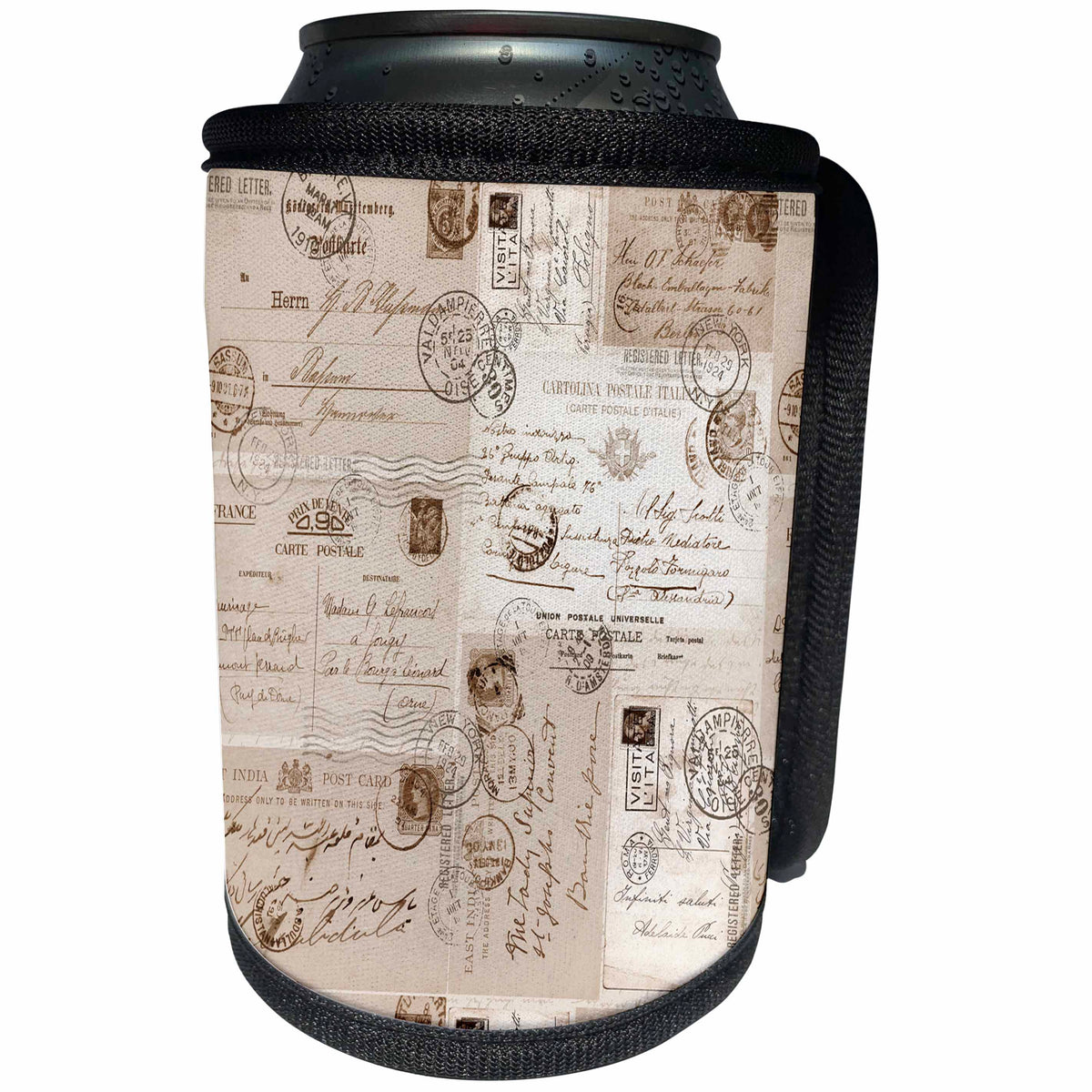 3dRose Andrea Haase Art Illustration - Collage Of Old Letters And Postcards Sepia Color - Can Cooler Bottle Wrap (cc_268466)