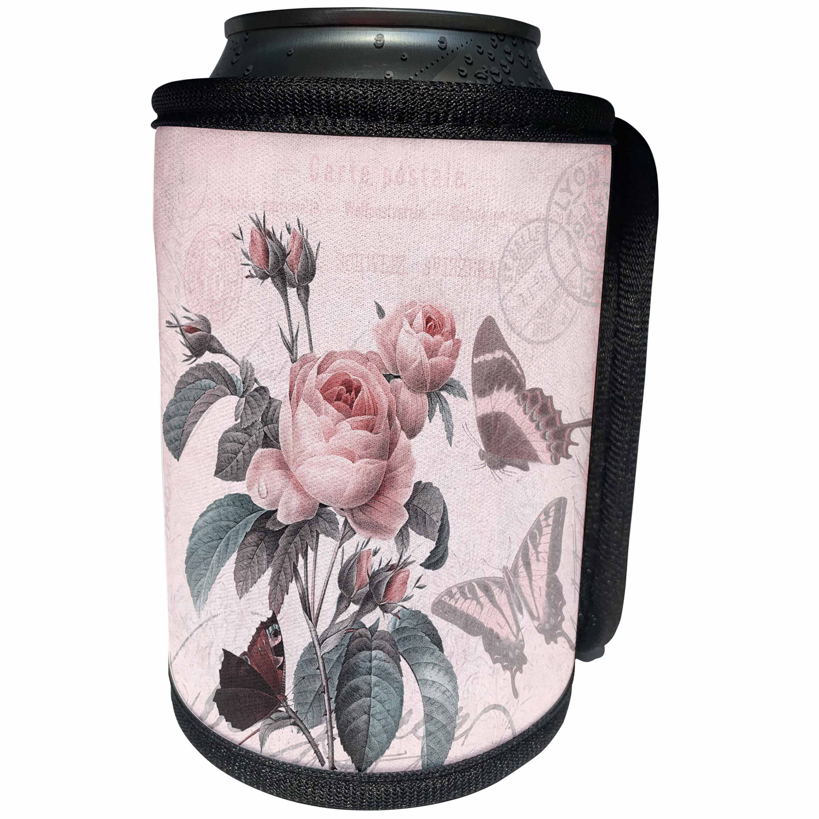 3dRose Andrea Haase Art Illustration - Vintage Rose Illustration With Butterfly - Can Cooler Bottle Wrap (cc_268470)