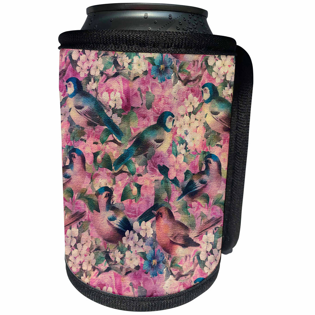 3dRose Andrea Haase Art Illustration - Vintage Flower Pattern With Birds - Can Cooler Bottle Wrap (cc_268476)